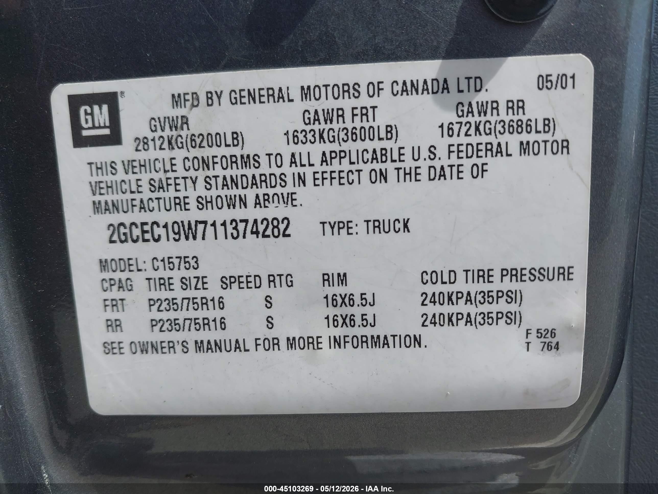 2001 Chevrolet Silverado 1500   Gray vin: 2GCEC19W711374282
