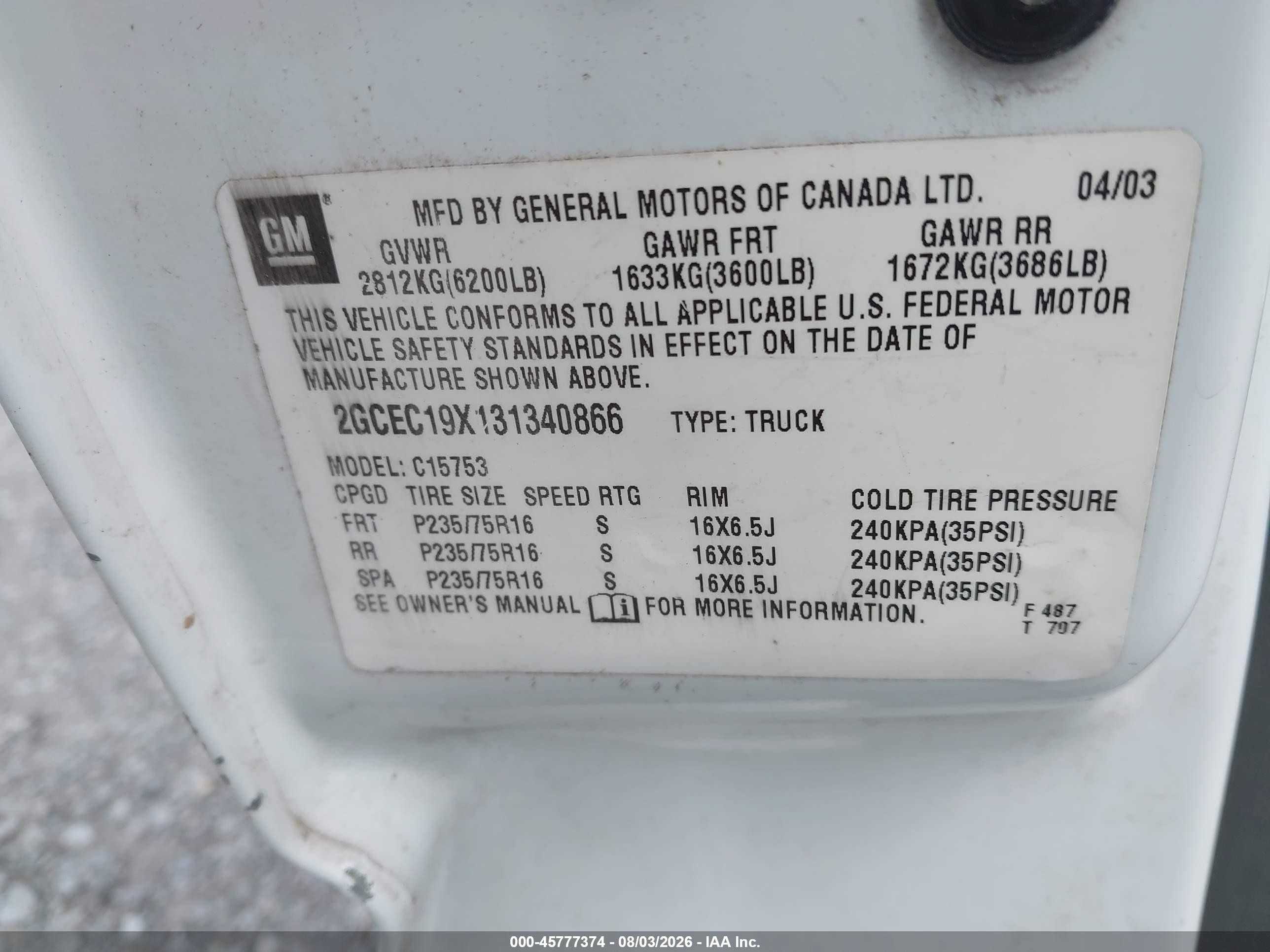 2003 Chevrolet Silverado 1500 Work Truck White vin: 2GCEC19X131340866