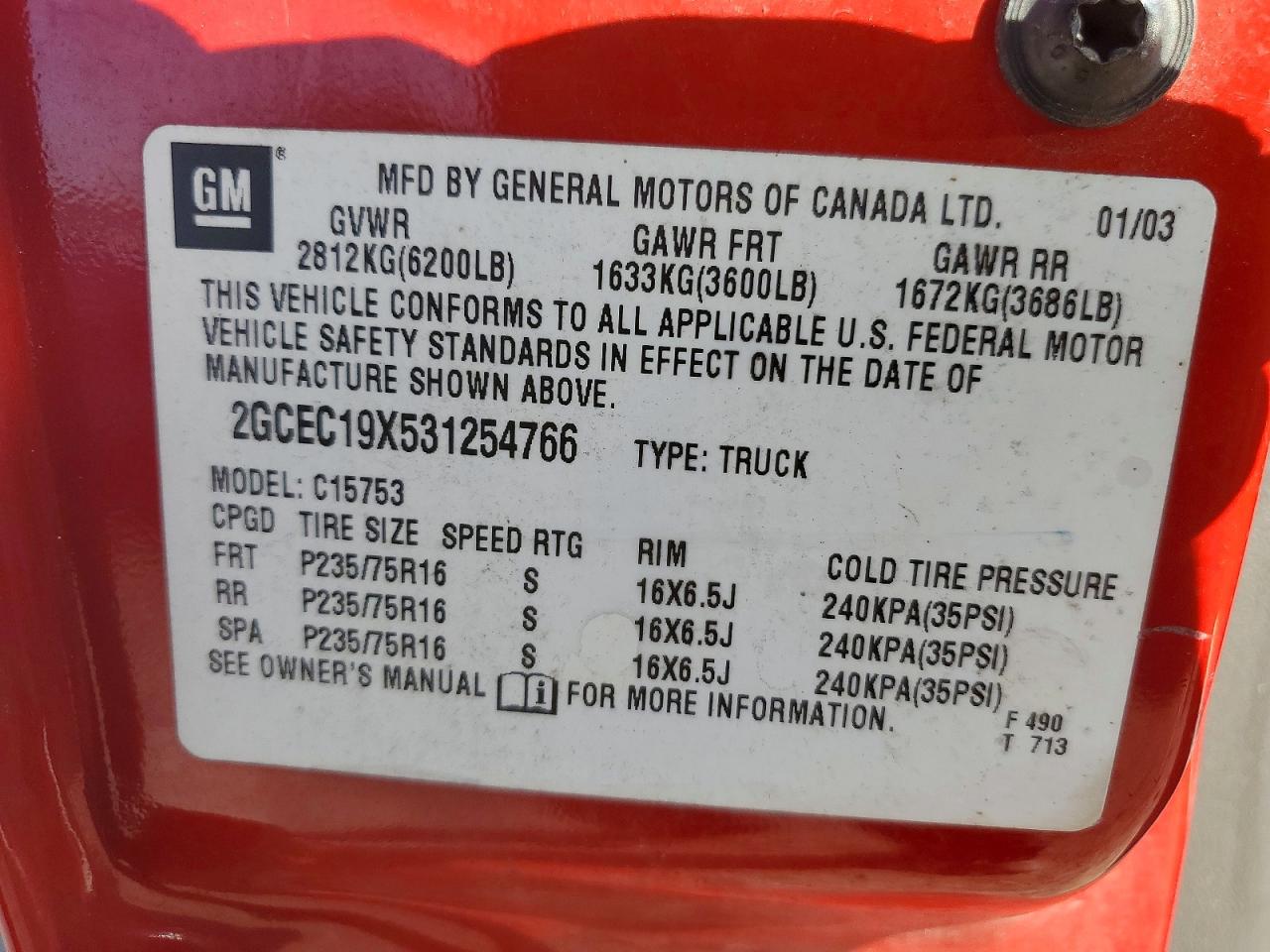 2003 Chevrolet Silverado C1500 Red vin: 2GCEC19X531254766