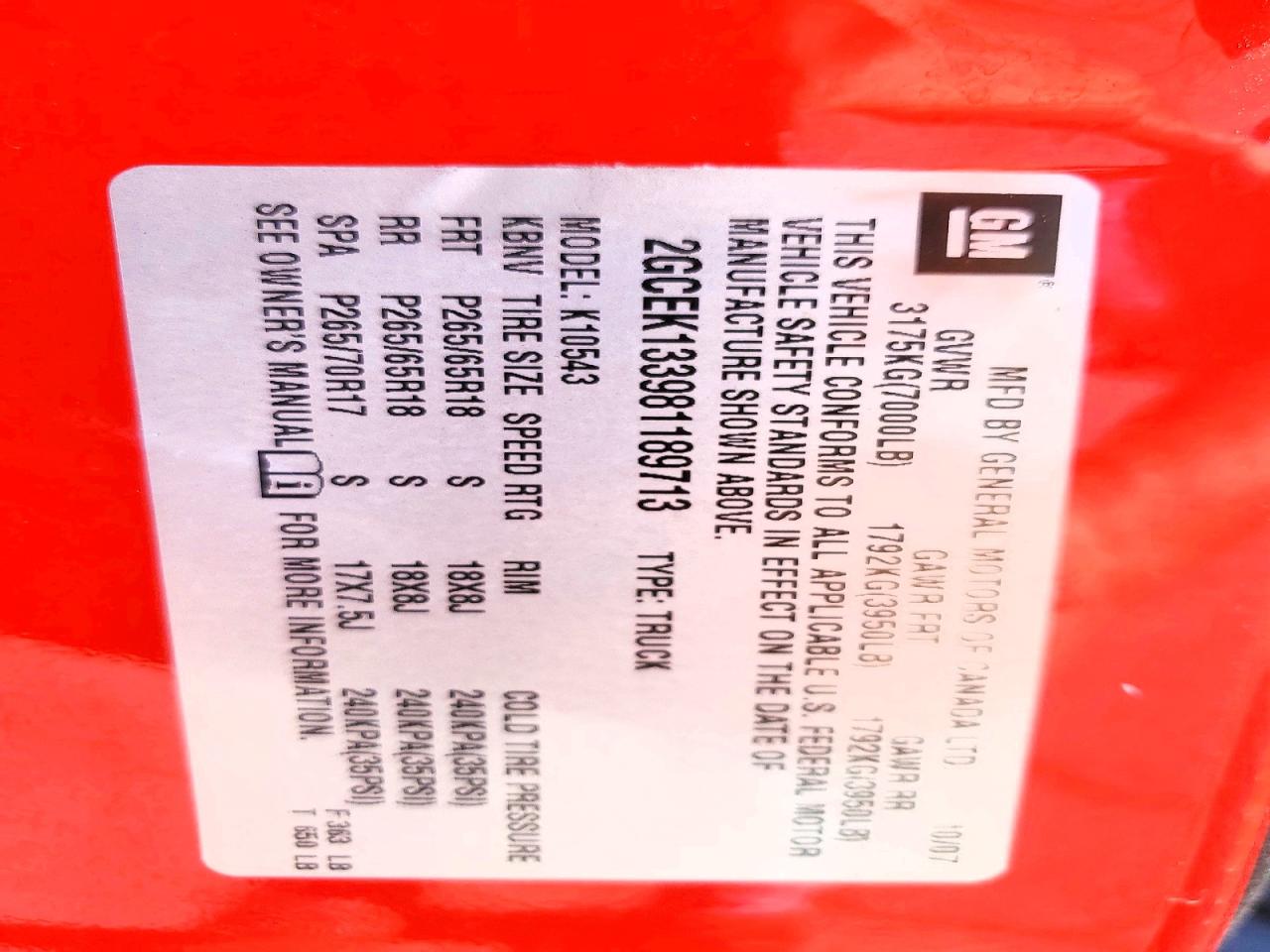 2008 Chevrolet Silverado K1500 Red vin: 2GCEK133981189713