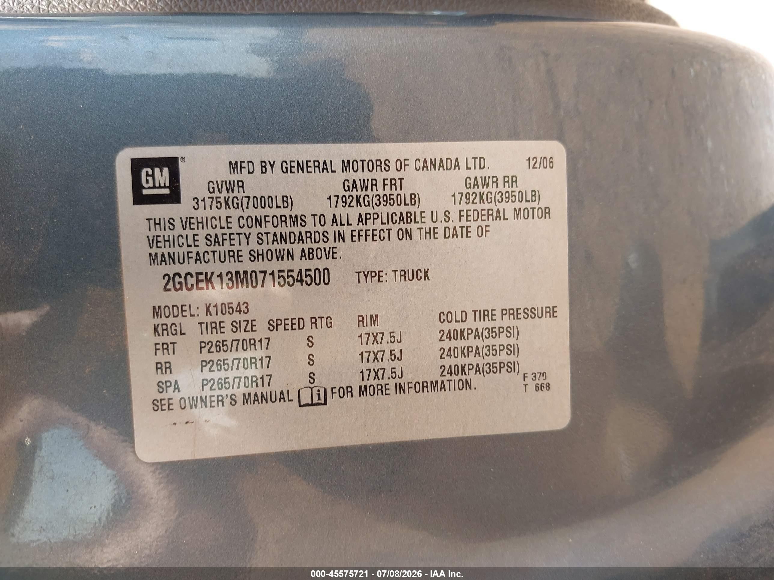 2007 Chevrolet Silverado 1500 Lt1 Blue vin: 2GCEK13M071554500