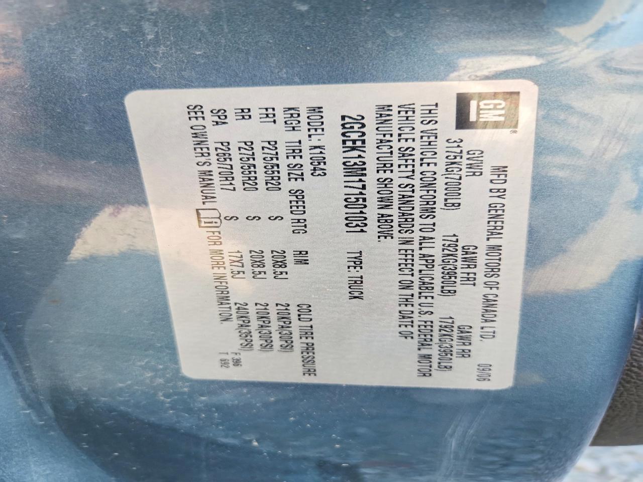 2007 Chevrolet Silverado K1500 Crew Cab Blue vin: 2GCEK13M171501031
