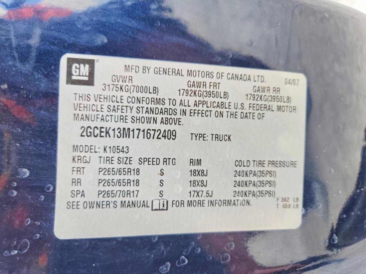2007 Chevrolet Silverado K1500 Crew Cab Blue vin: 2GCEK13M171672409
