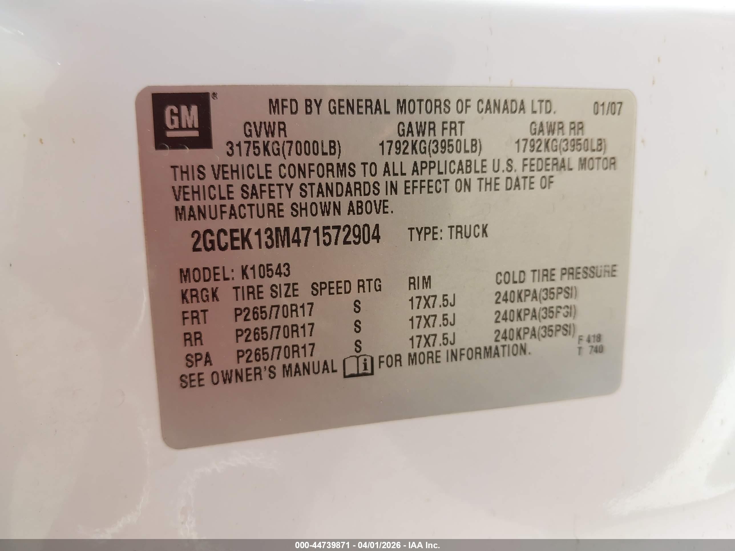 2007 Chevrolet Silverado 1500 Ltz White vin: 2GCEK13M471572904