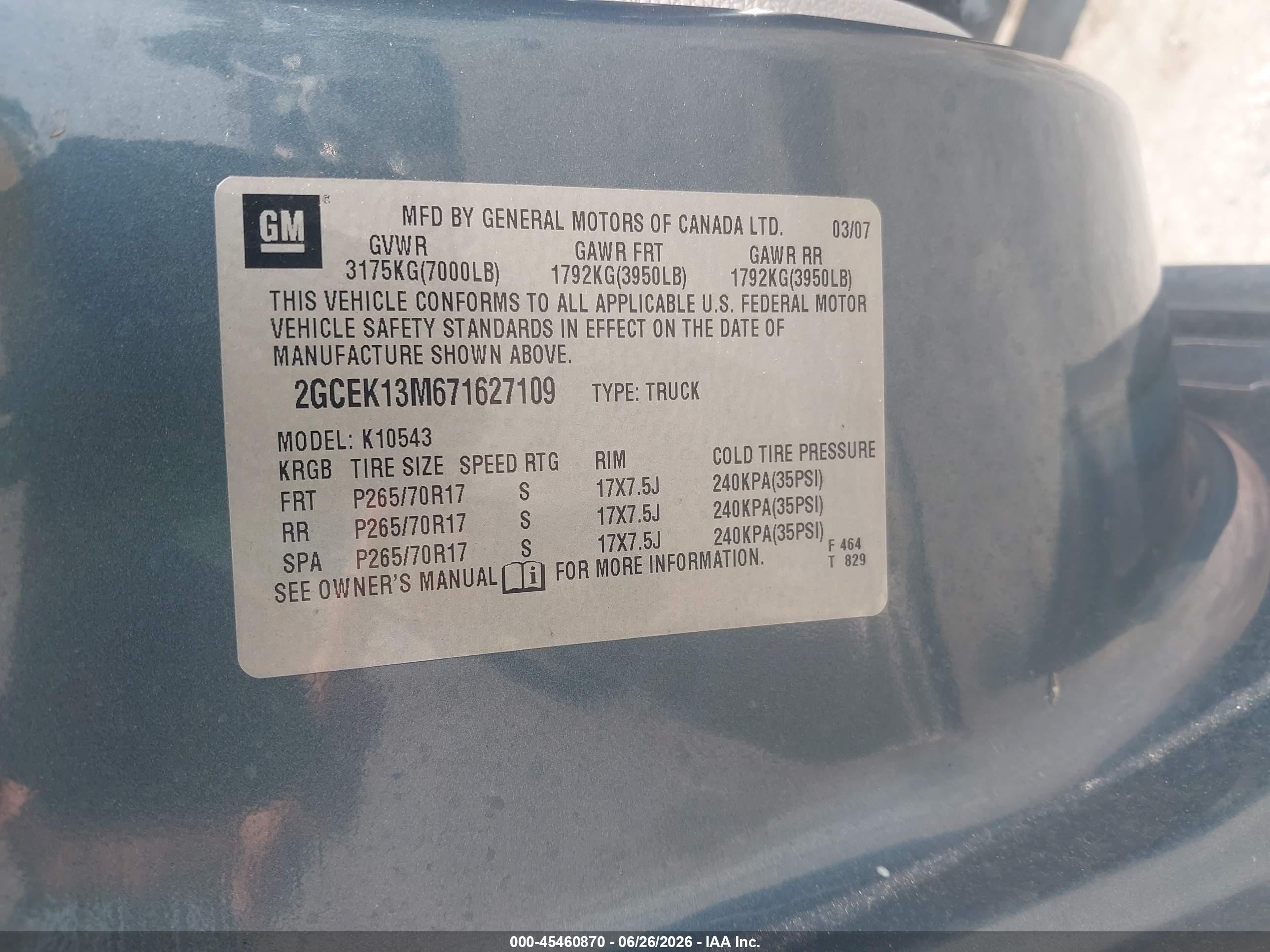 2007 Chevrolet Silverado 1500 Lt2 Blue vin: 2GCEK13M671627109