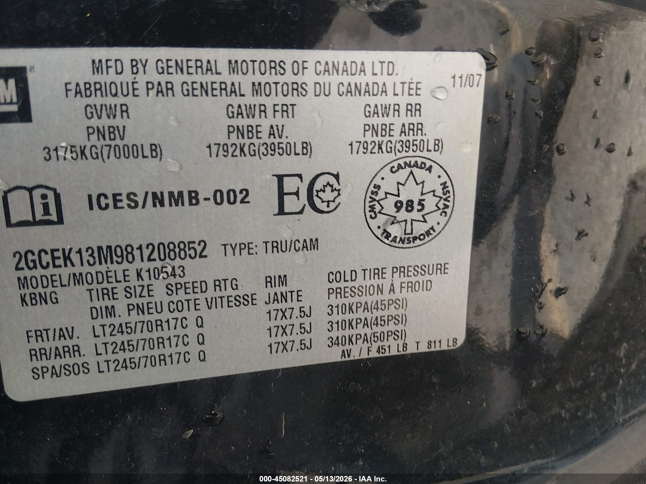 2008 Chevrolet Silverado 1500 Lt1/lt2/ltz/work Truck Black vin: 2GCEK13M981208852