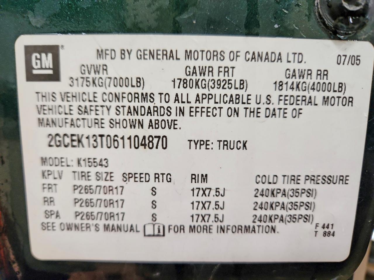 2006 Chevrolet Silverado K1500 Green vin: 2GCEK13T061104870