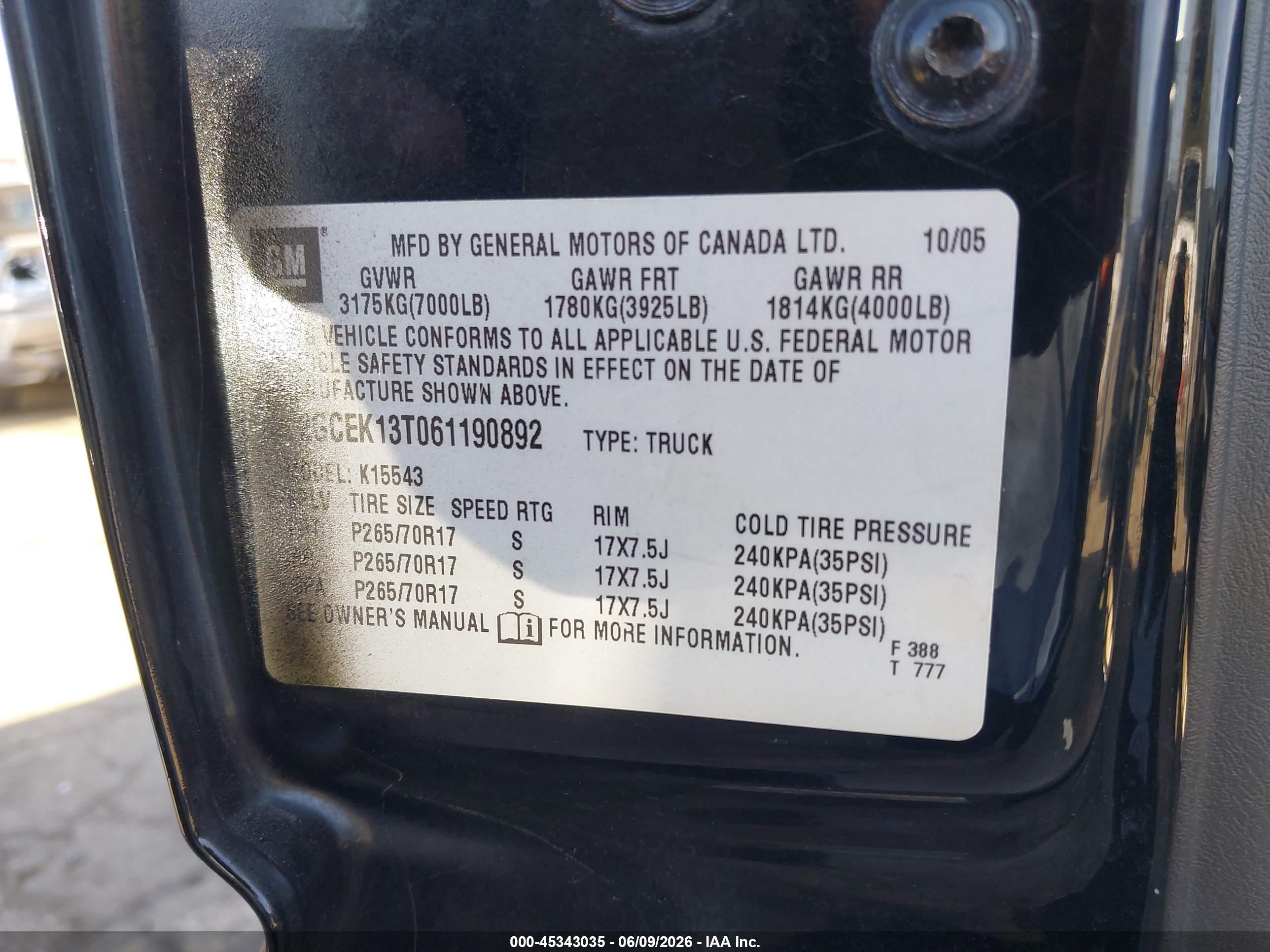 2006 Chevrolet Silverado 1500 Lt3 Black vin: 2GCEK13T061190892