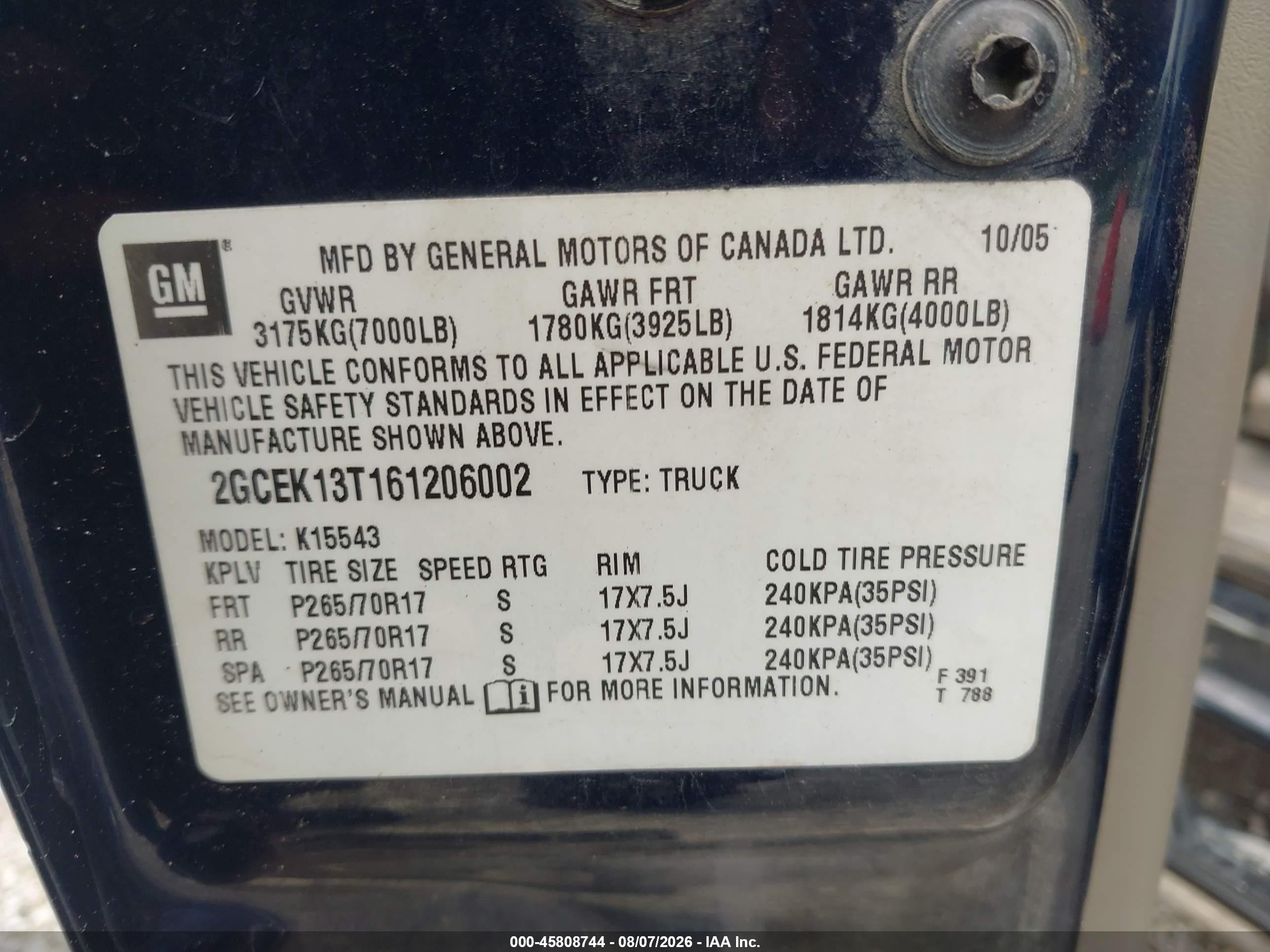 2006 Chevrolet Silverado 1500 Lt3 Blue vin: 2GCEK13T161206002