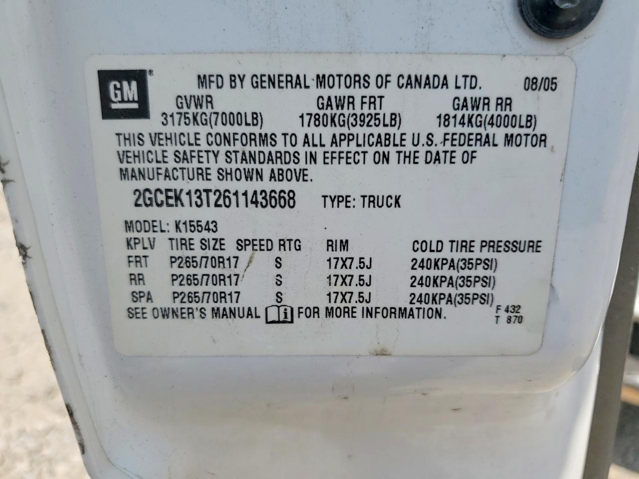 2006 Chevrolet Silverado K1500 White vin: 2GCEK13T261143668