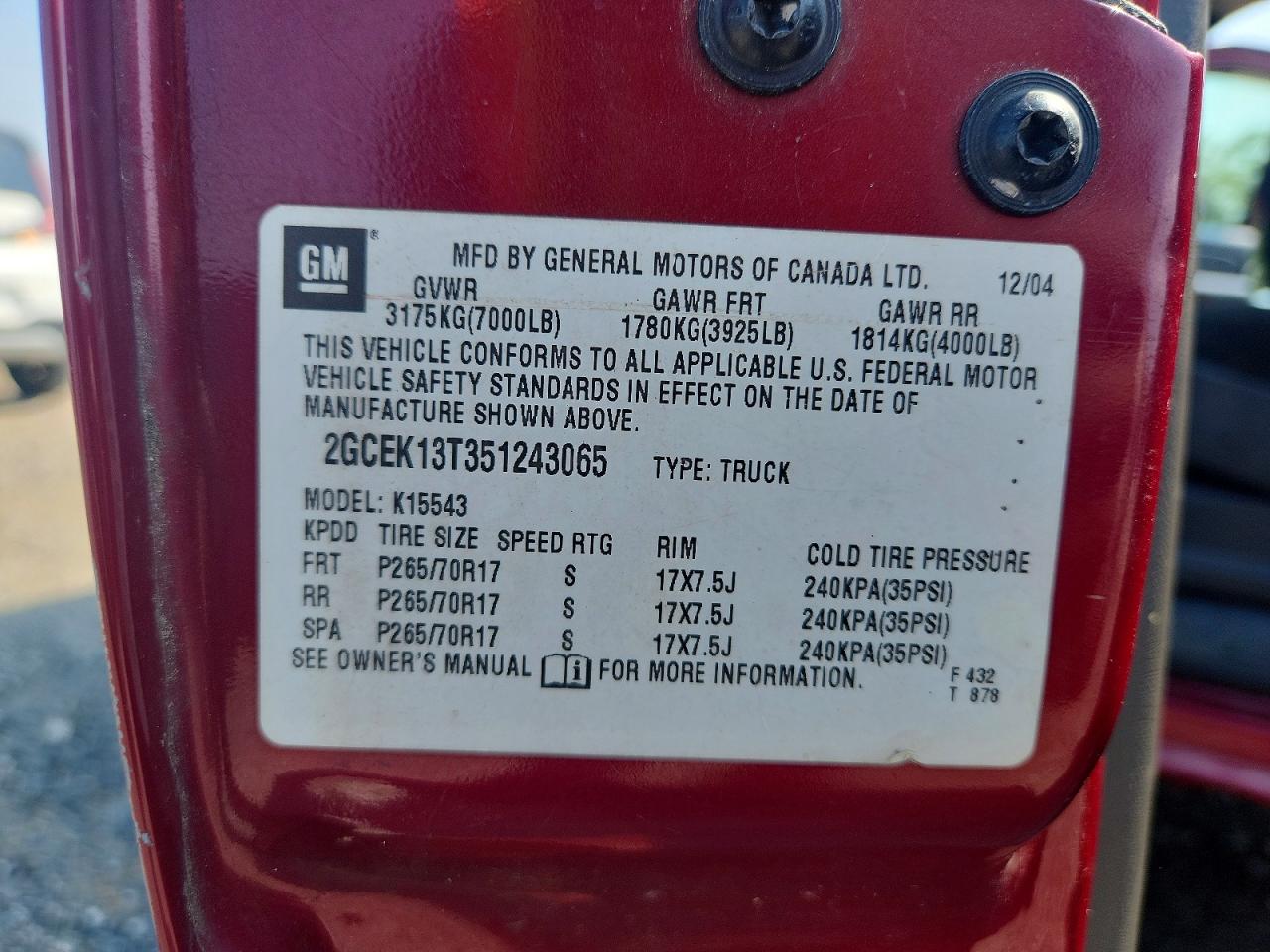 2005 Chevrolet Silverado K1500 Burgundy vin: 2GCEK13T351243065