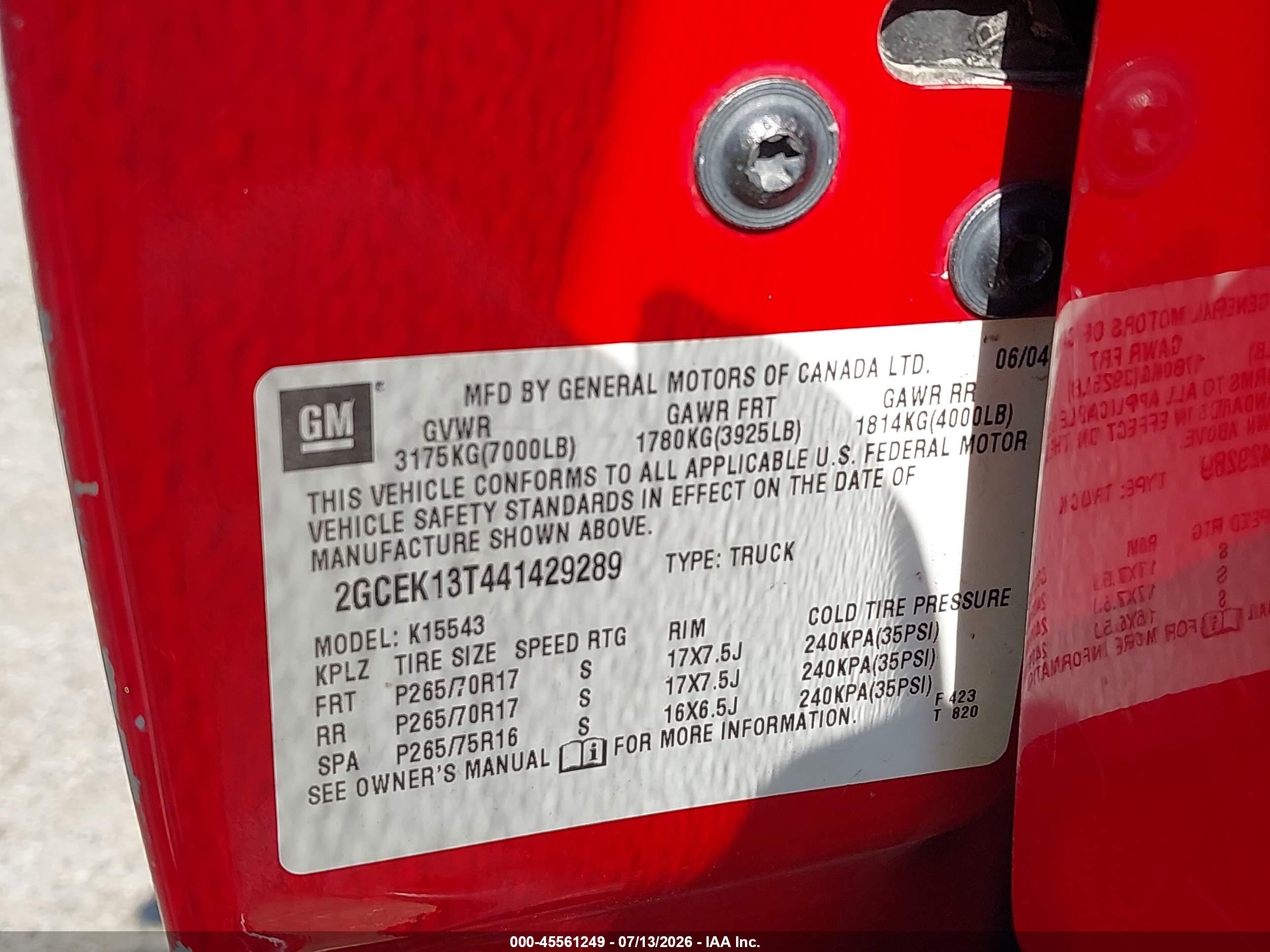 2004 Chevrolet Silverado 1500 Z71 Red vin: 2GCEK13T441429289