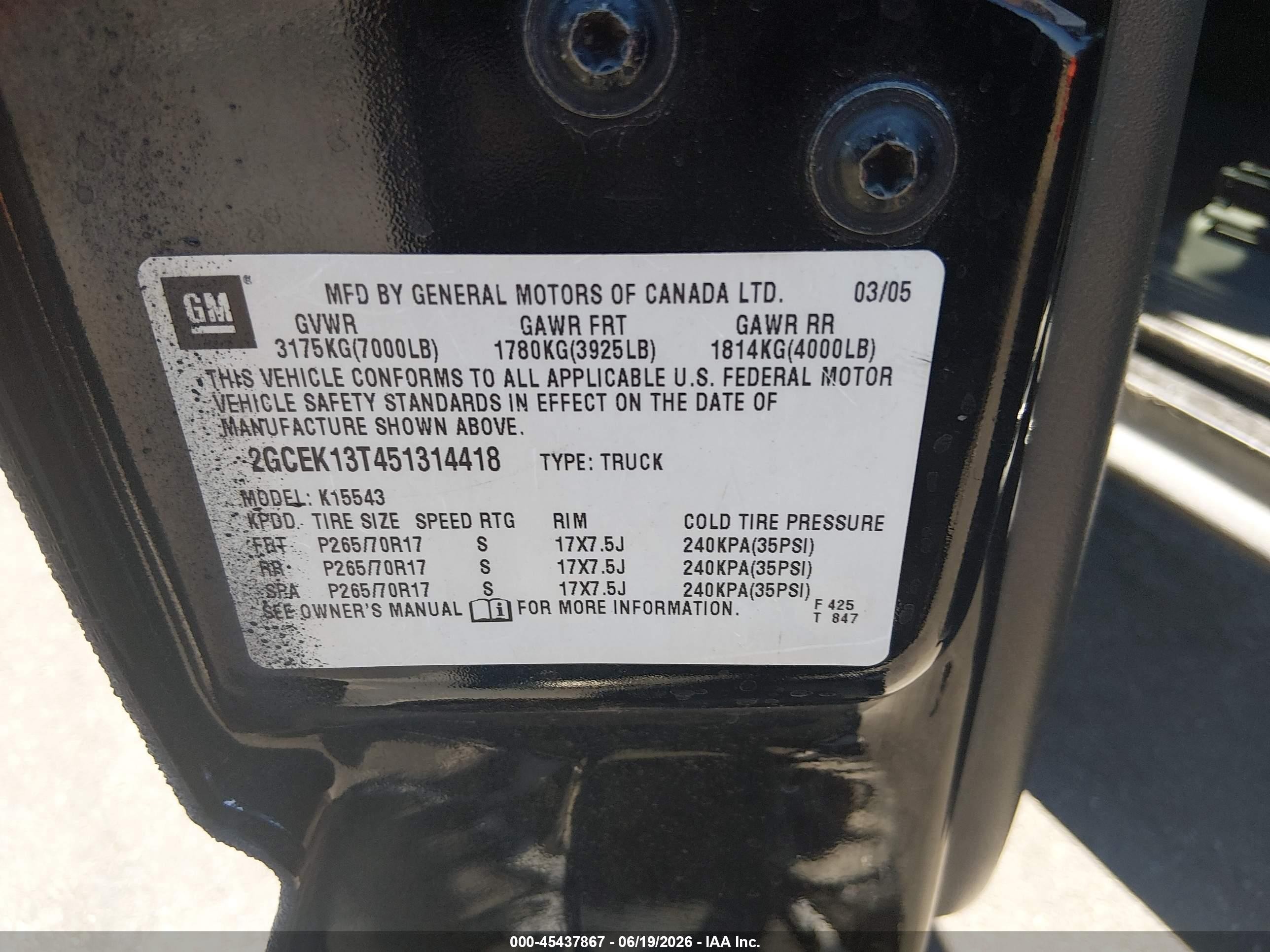 2005 Chevrolet Silverado 1500 Z71 Black vin: 2GCEK13T451314418