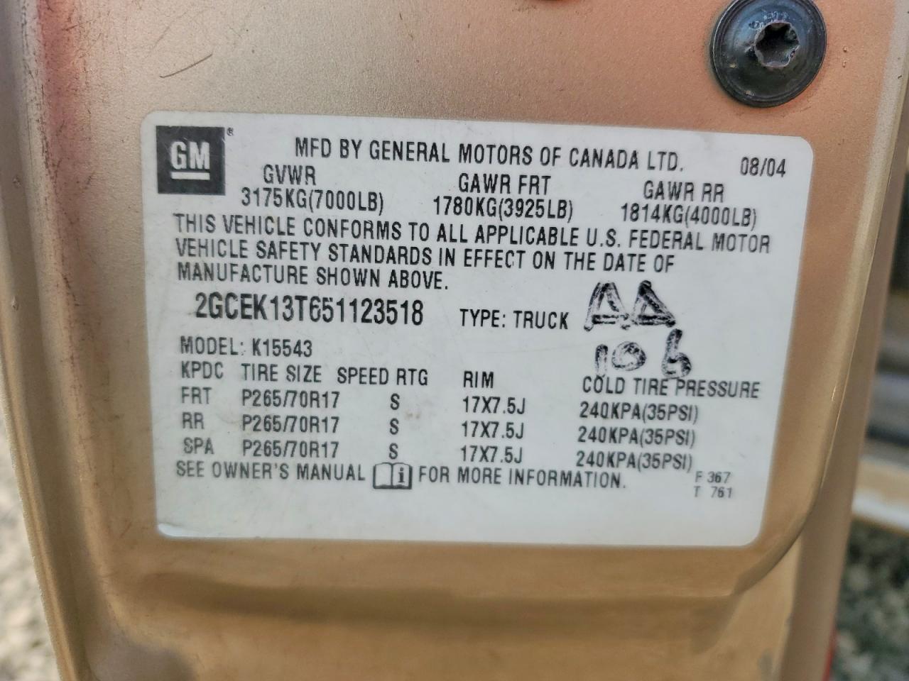 2005 Chevrolet Silverado K1500 Tan vin: 2GCEK13T651123518