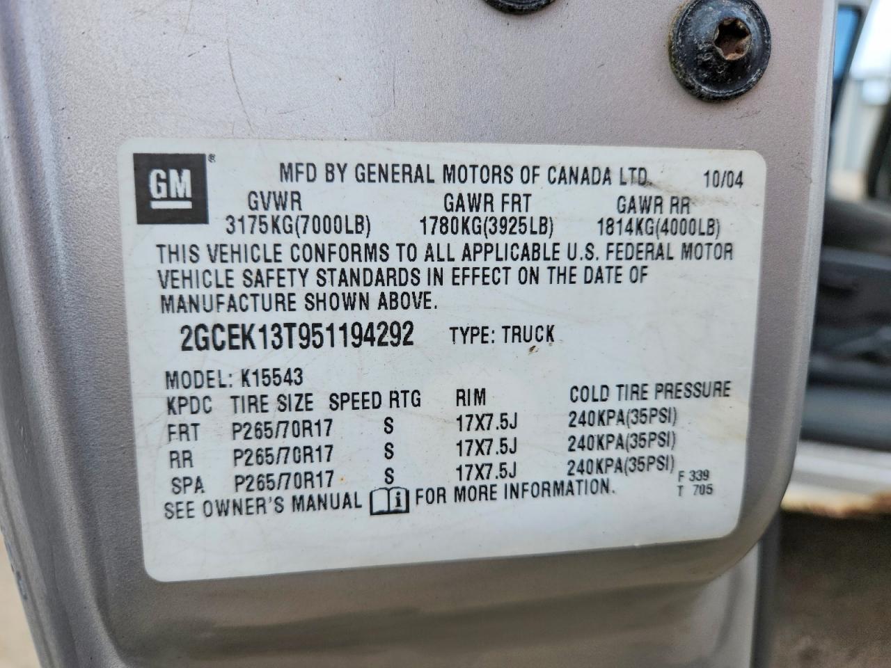 2005 Chevrolet Silverado K1500 Gray vin: 2GCEK13T951194292