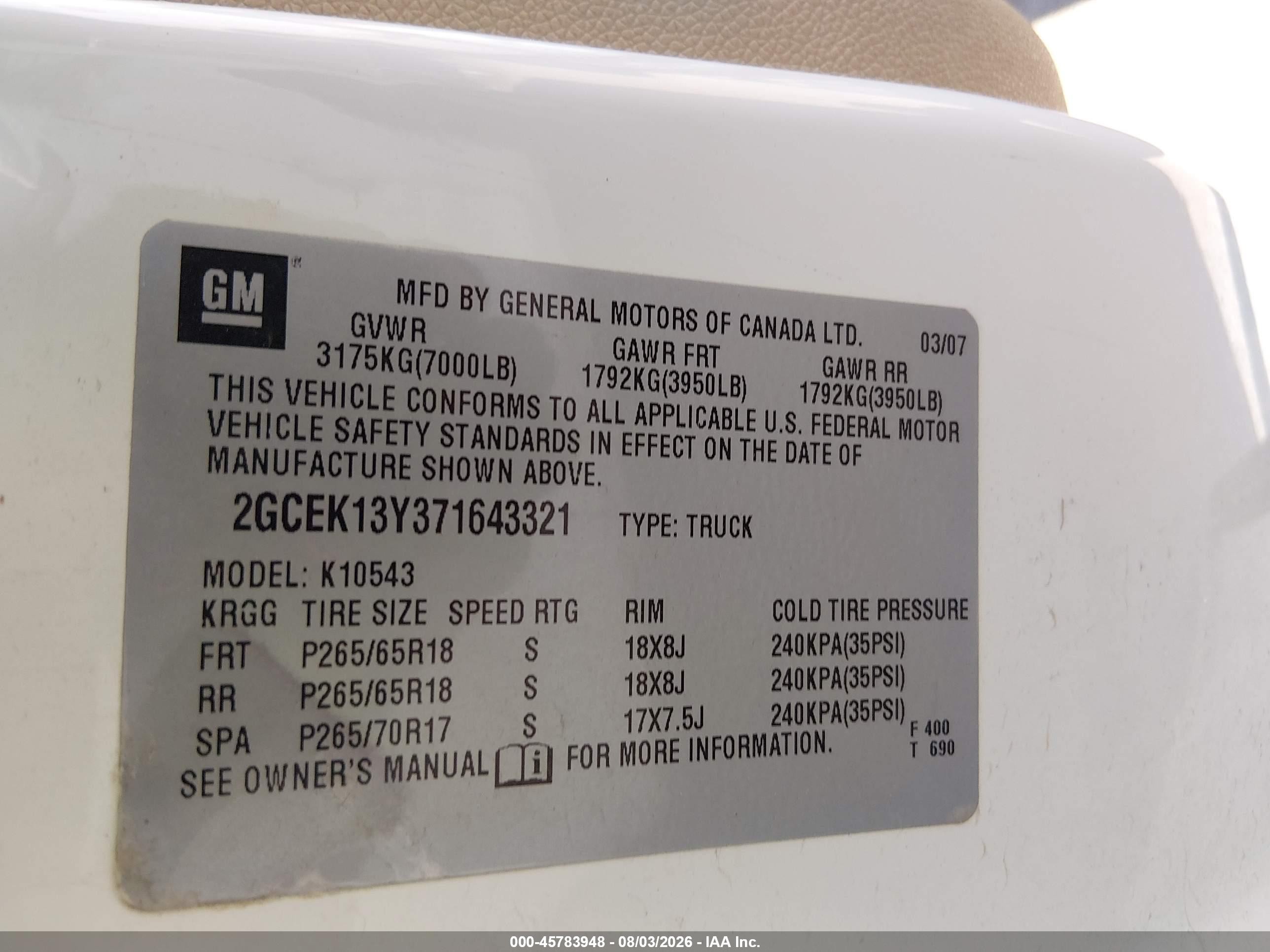 2007 Chevrolet Silverado 1500 Ltz White vin: 2GCEK13Y371643321