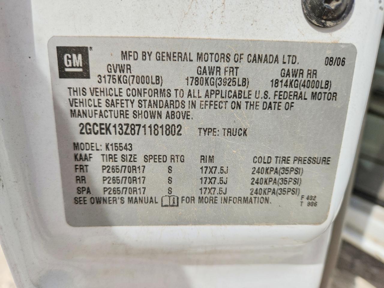 2007 Chevrolet Silverado K1500 Classic Crew Cab White vin: 2GCEK13Z871181802