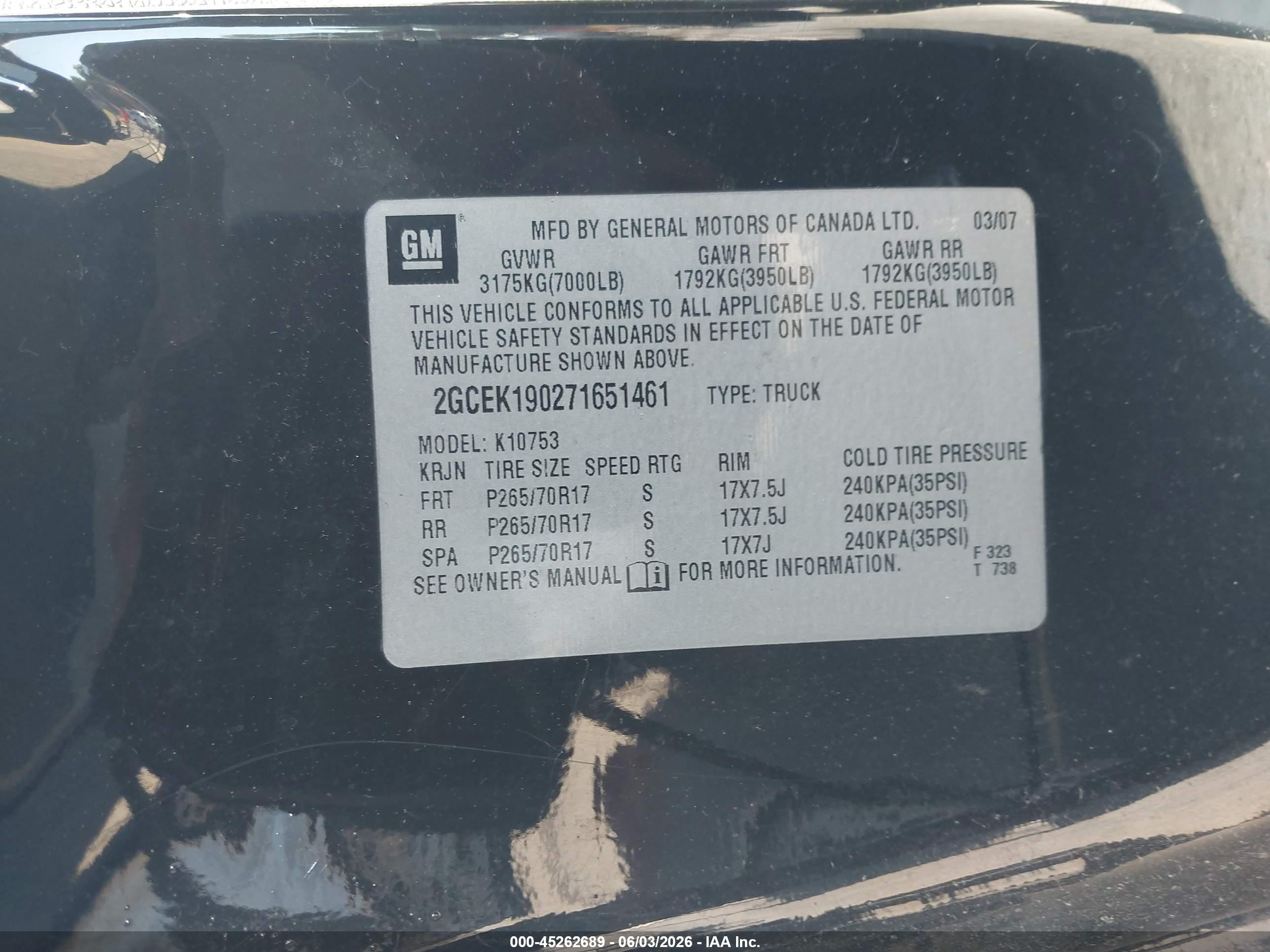 2007 Chevrolet Silverado 1500 Lt2 Black vin: 2GCEK190271651461