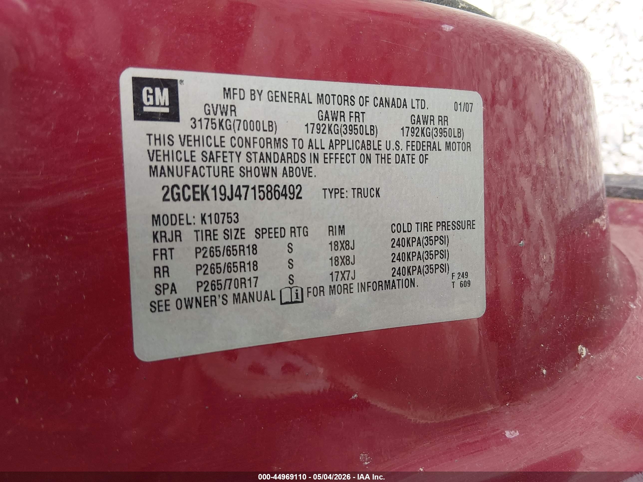 2007 Chevrolet Silverado 1500 Lt1 Burgundy vin: 2GCEK19J471586492
