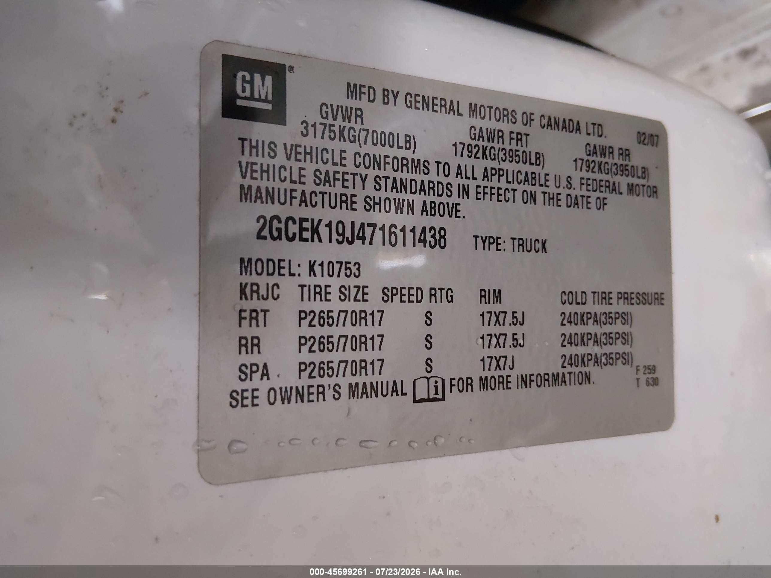 2007 Chevrolet Silverado 1500 Lt1 White vin: 2GCEK19J471611438