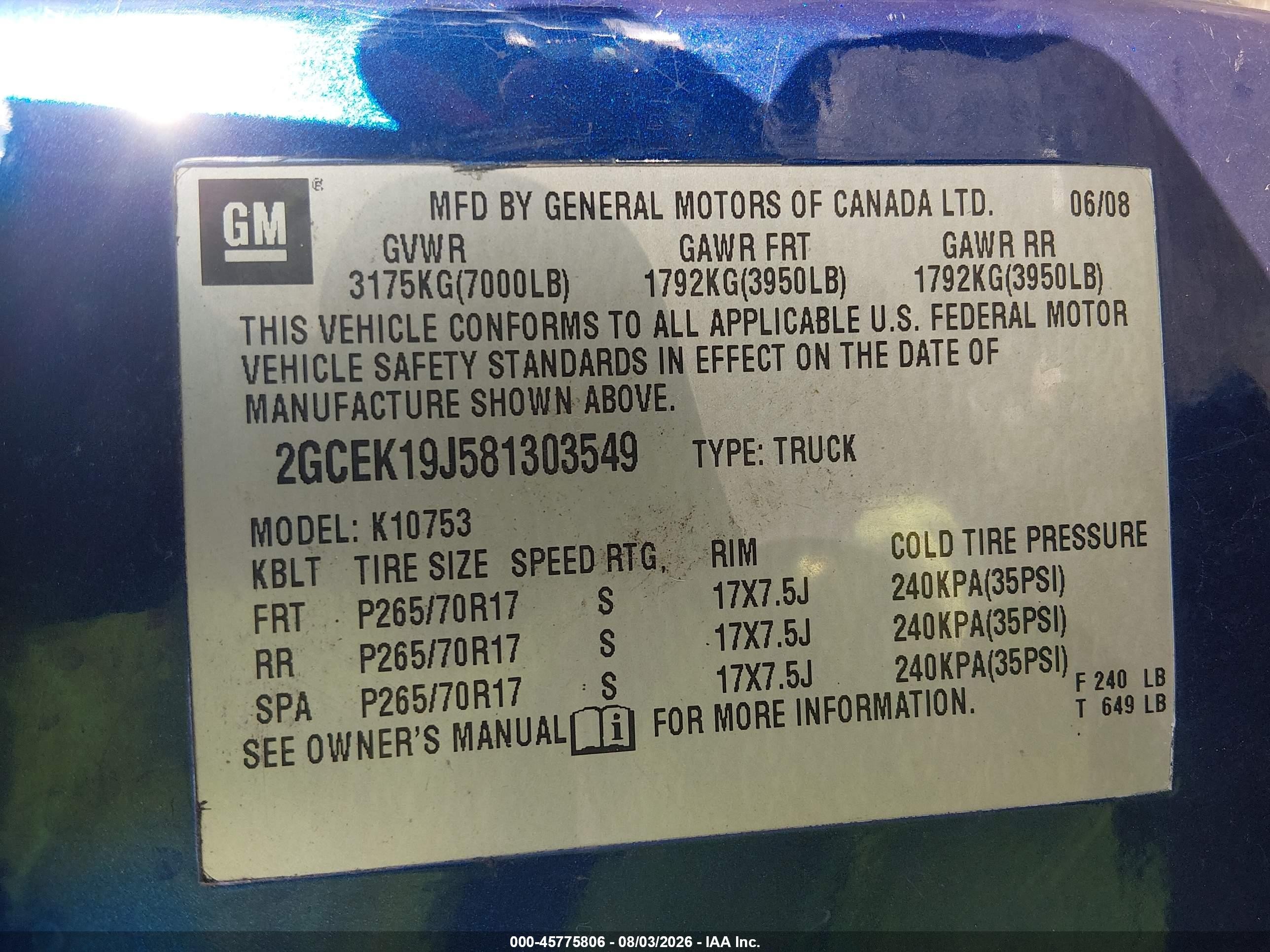 2008 Chevrolet Silverado 1500 Lt1 Blue vin: 2GCEK19J581303549