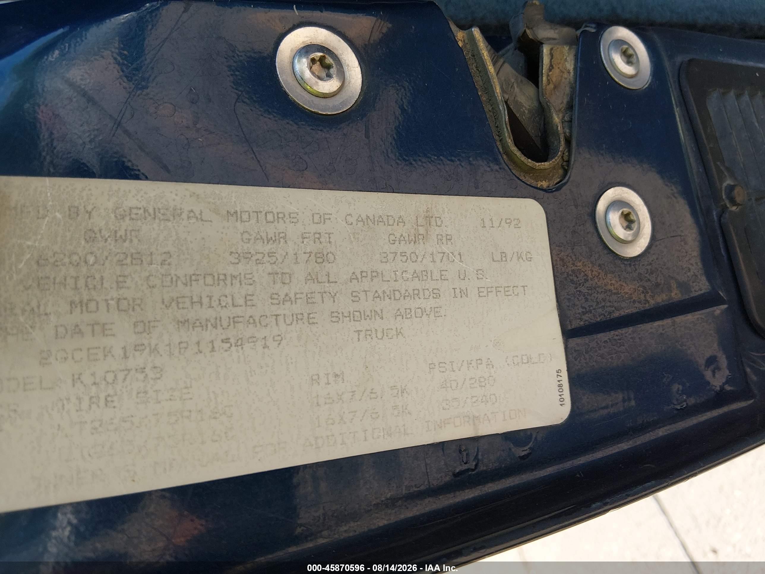 1993 Chevrolet Gmt-400 K1500 Blue vin: 2GCEK19K1P1154919
