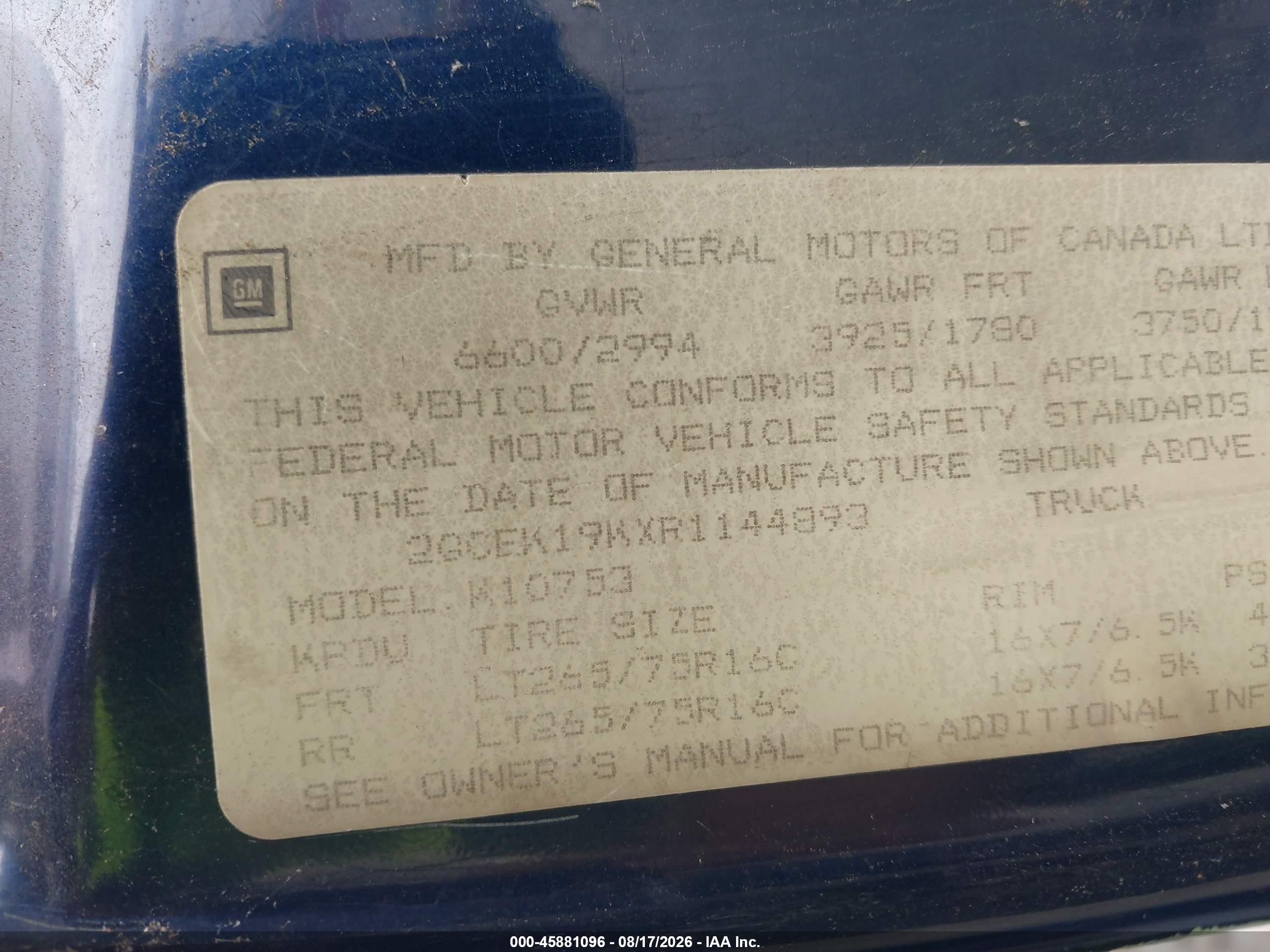 1994 Chevrolet Gmt-400 K1500 Dark Blue vin: 2GCEK19KXR1144893