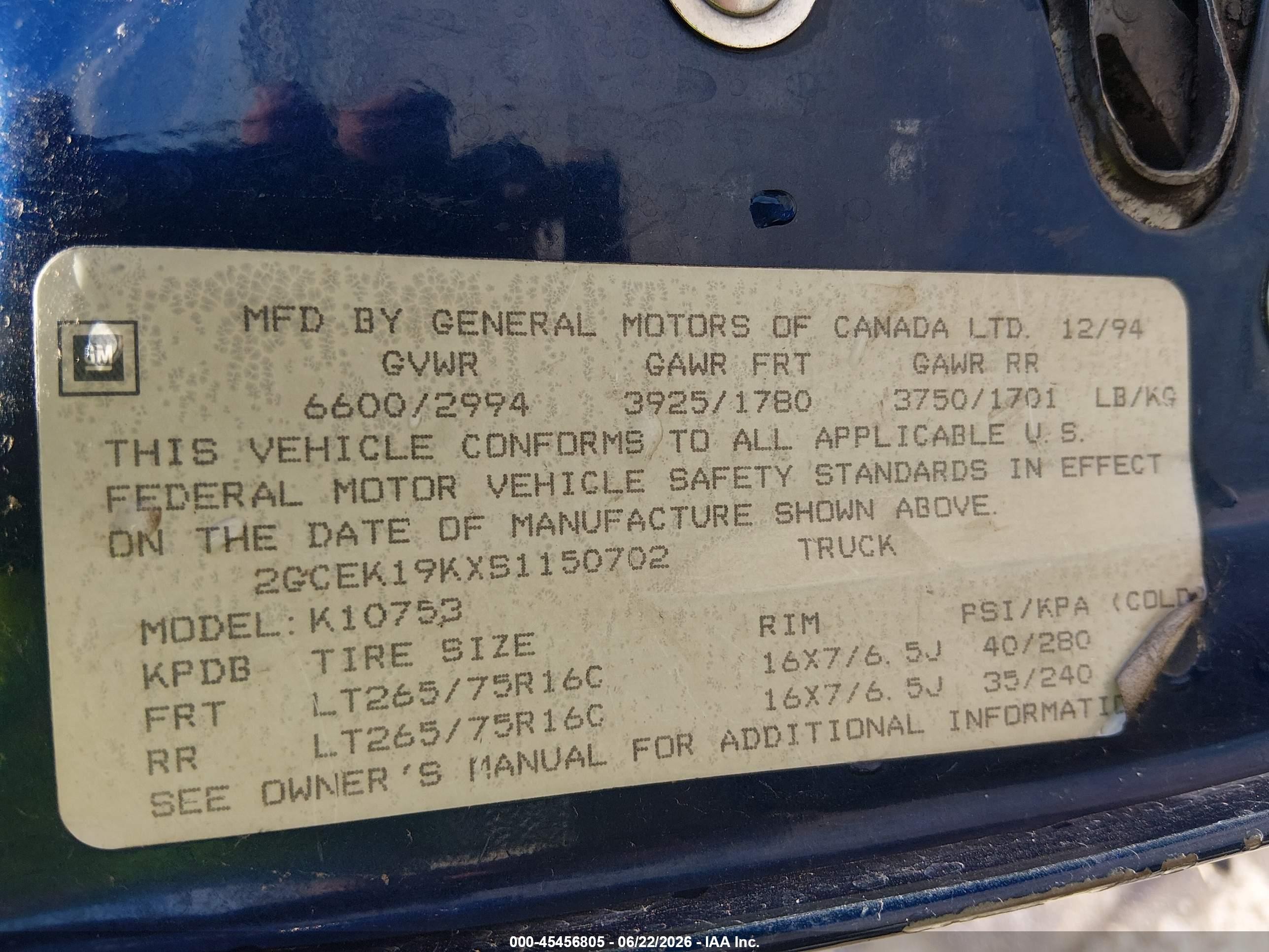 1995 Chevrolet Gmt-400 K1500 Blue vin: 2GCEK19KXS1150702
