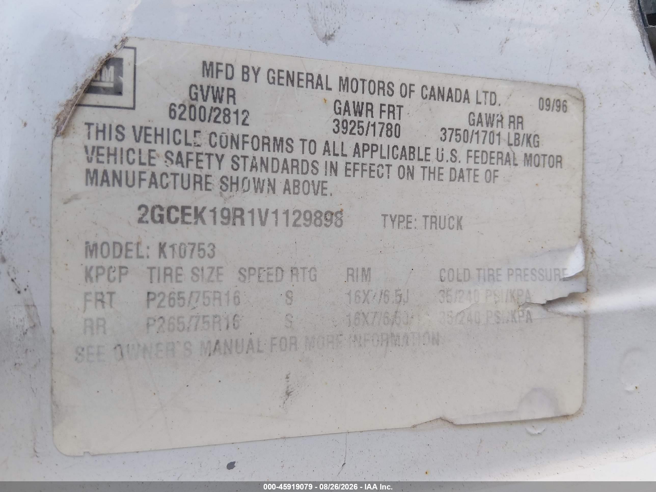 1997 Chevrolet K1500 Fleetside White vin: 2GCEK19R1V1129898
