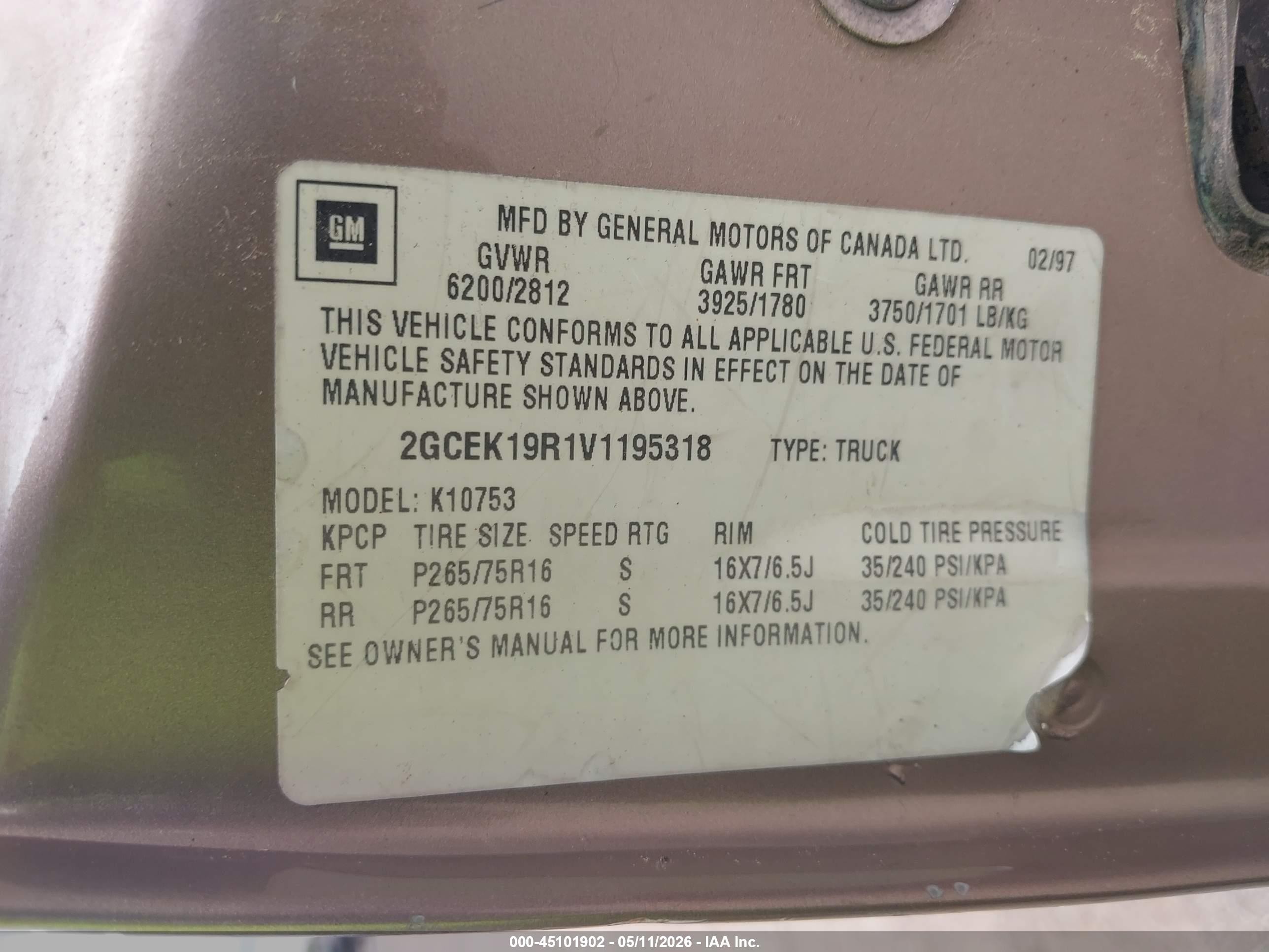 1997 Chevrolet C/k 1500 Silverado Fleetside Tan vin: 2GCEK19R1V1195318