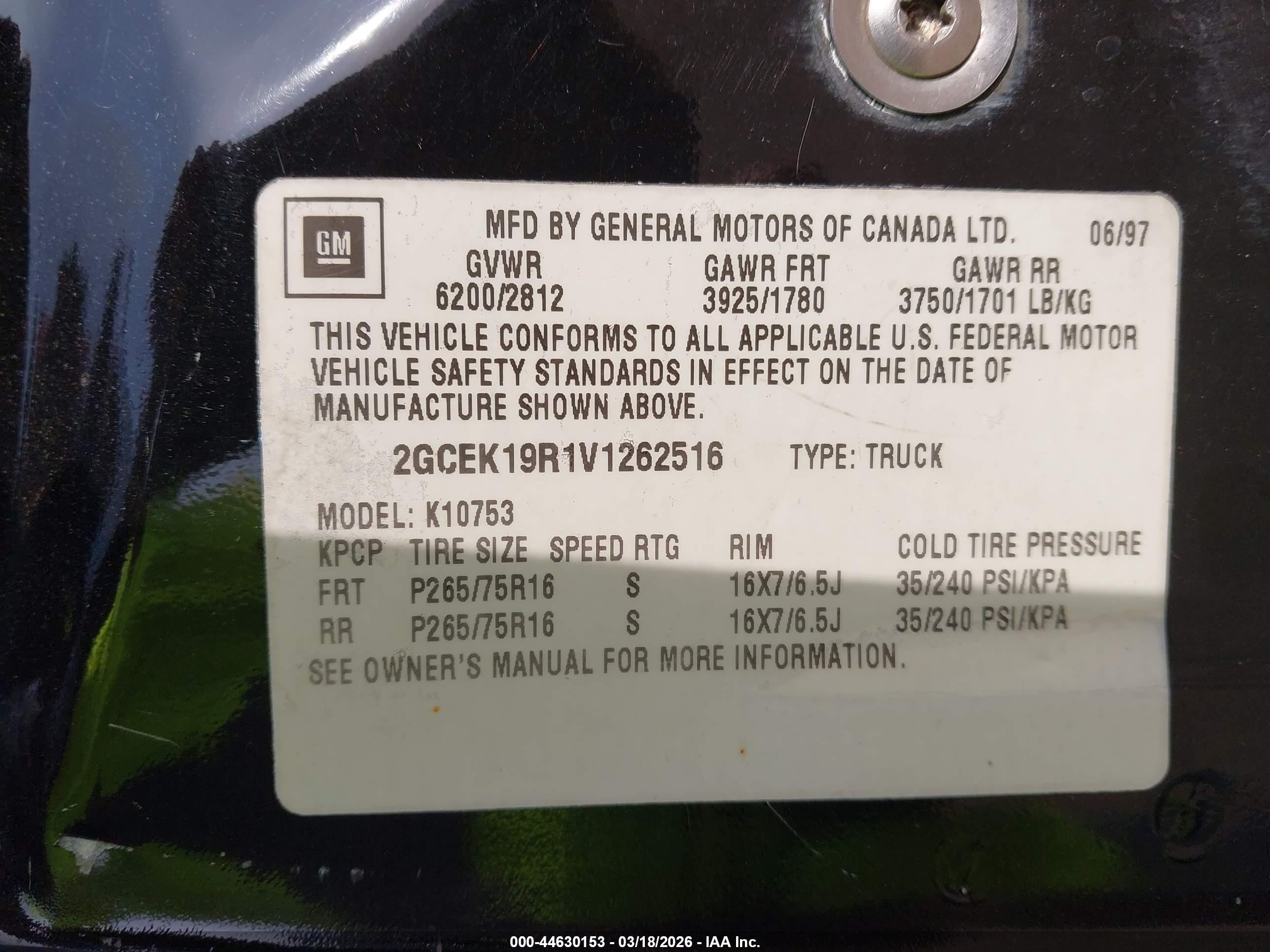 1997 Chevrolet K1500 Fleetside Black vin: 2GCEK19R1V1262516