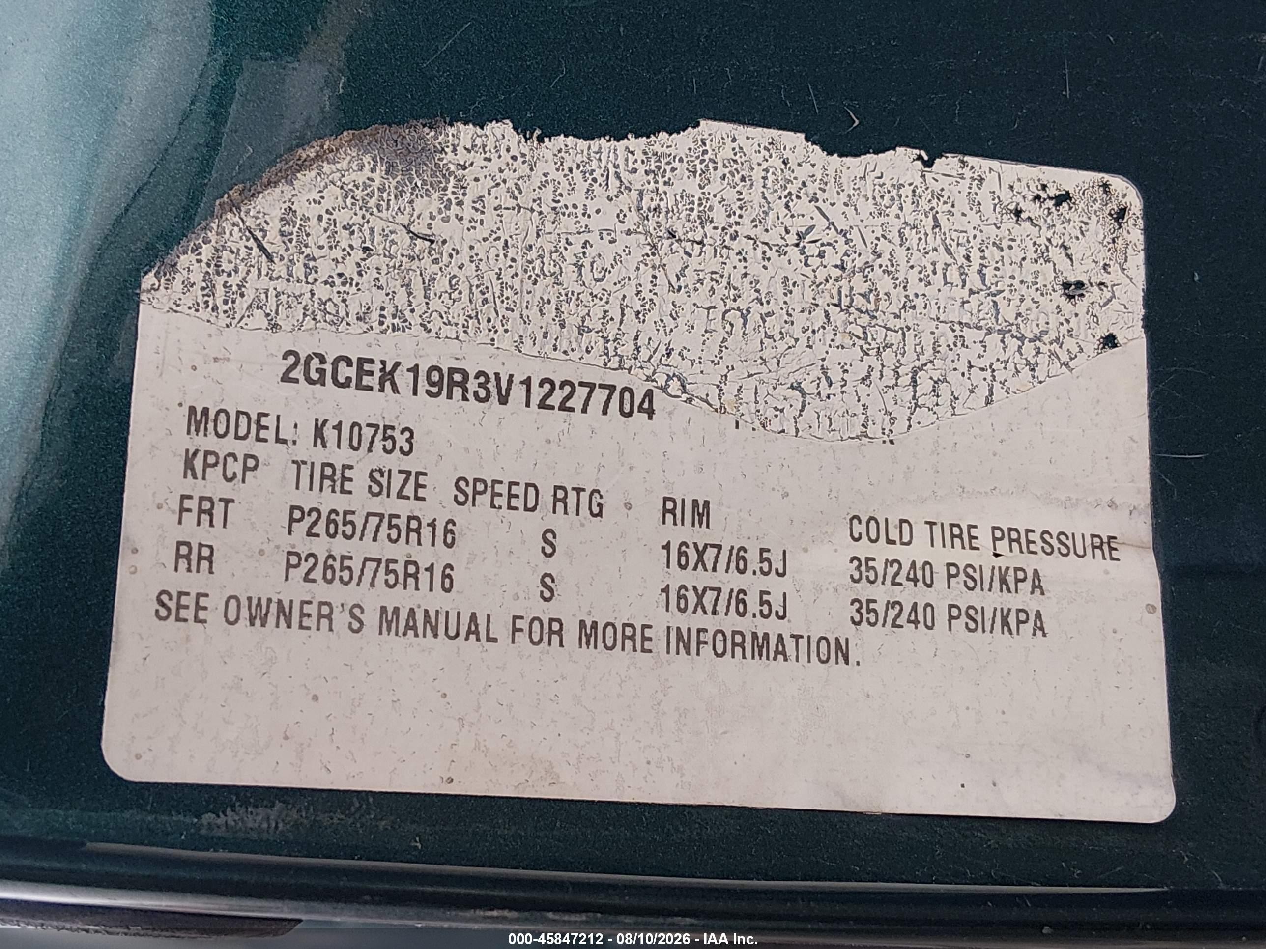 1997 Chevrolet K1500 Fleetside Green vin: 2GCEK19R3V1227704
