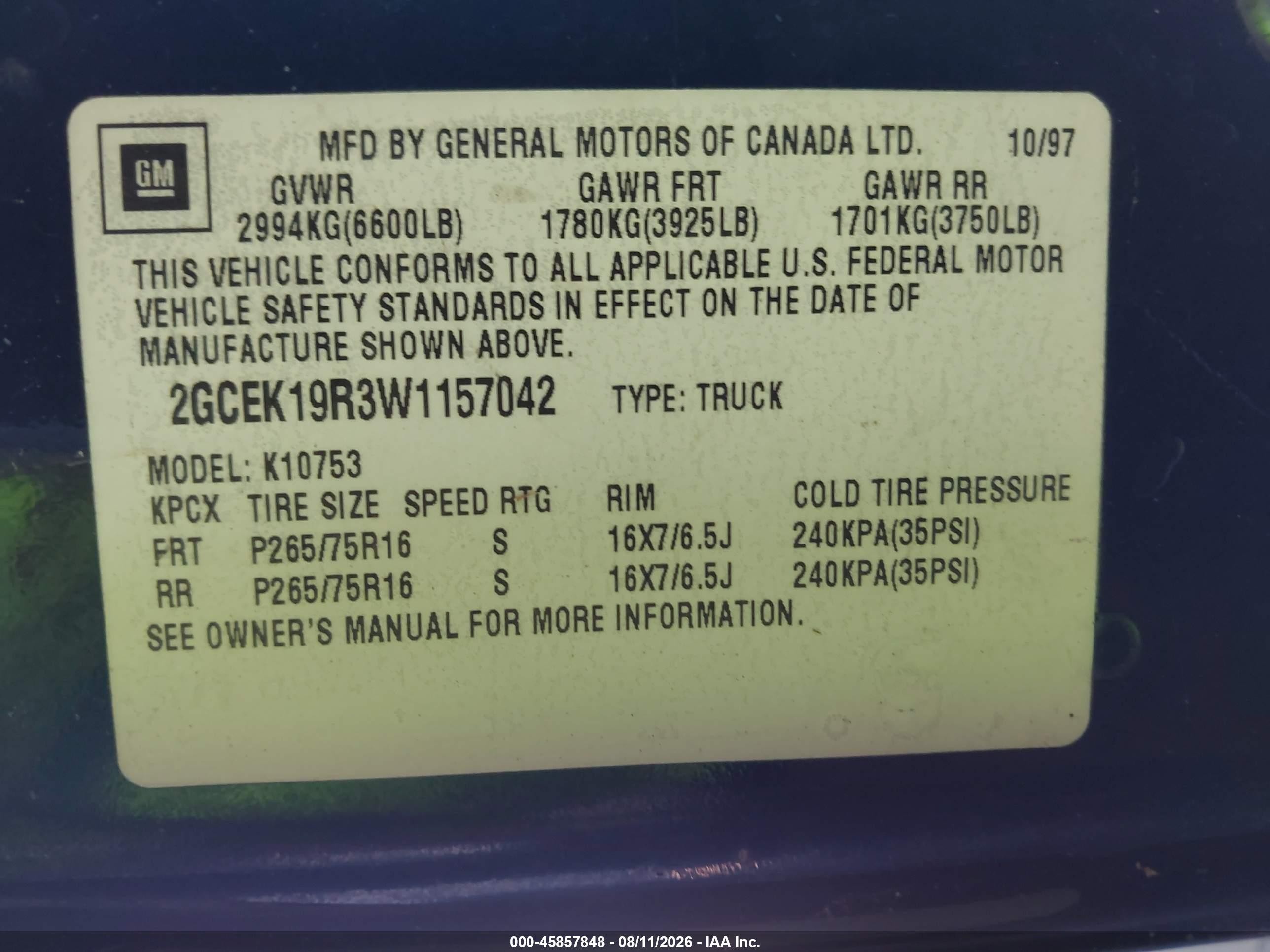 1998 Chevrolet C/k 1500 Fleetside Blue vin: 2GCEK19R3W1157042