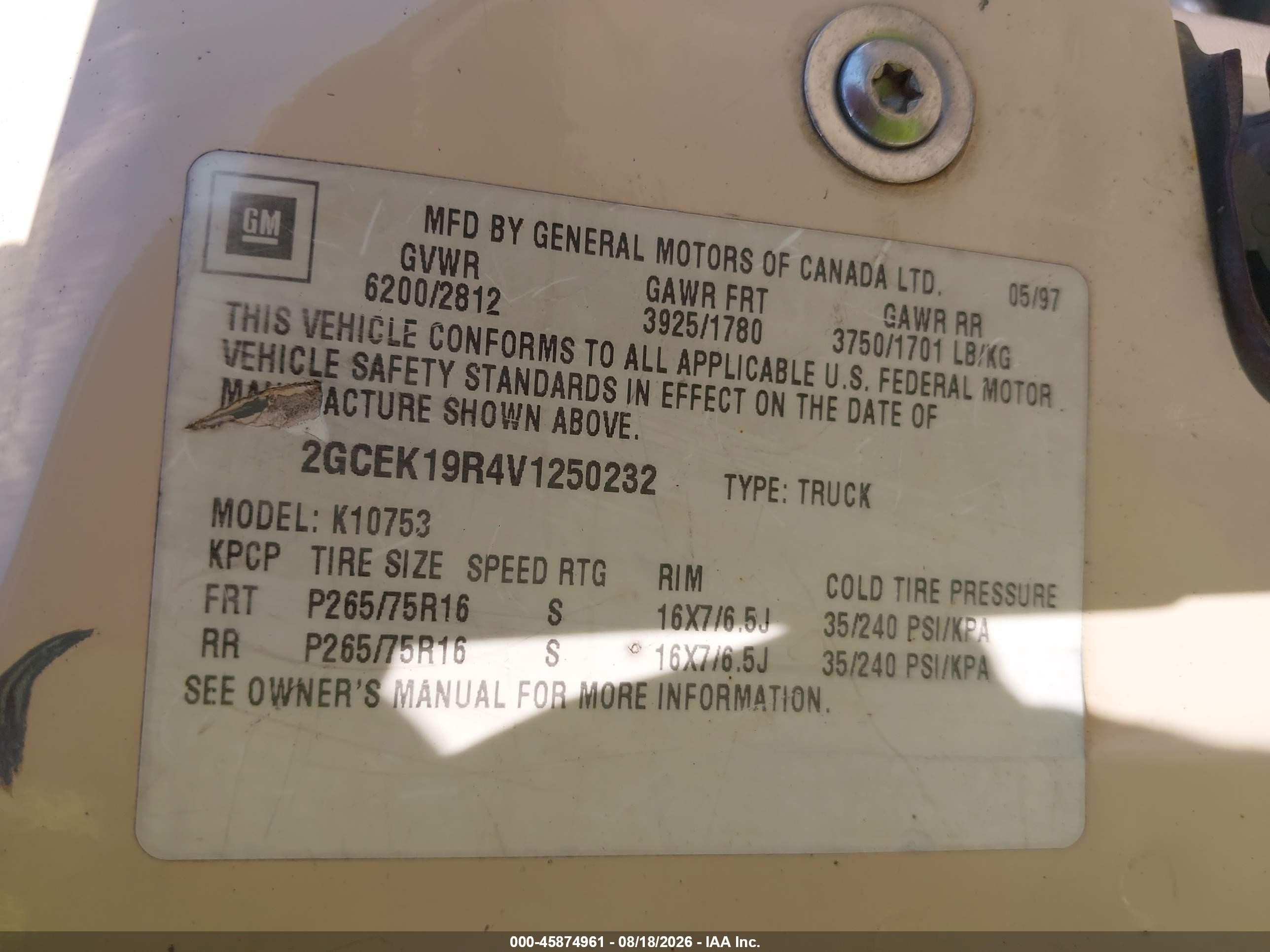 1997 Chevrolet K1500 Sportside Beige vin: 2GCEK19R4V1250232