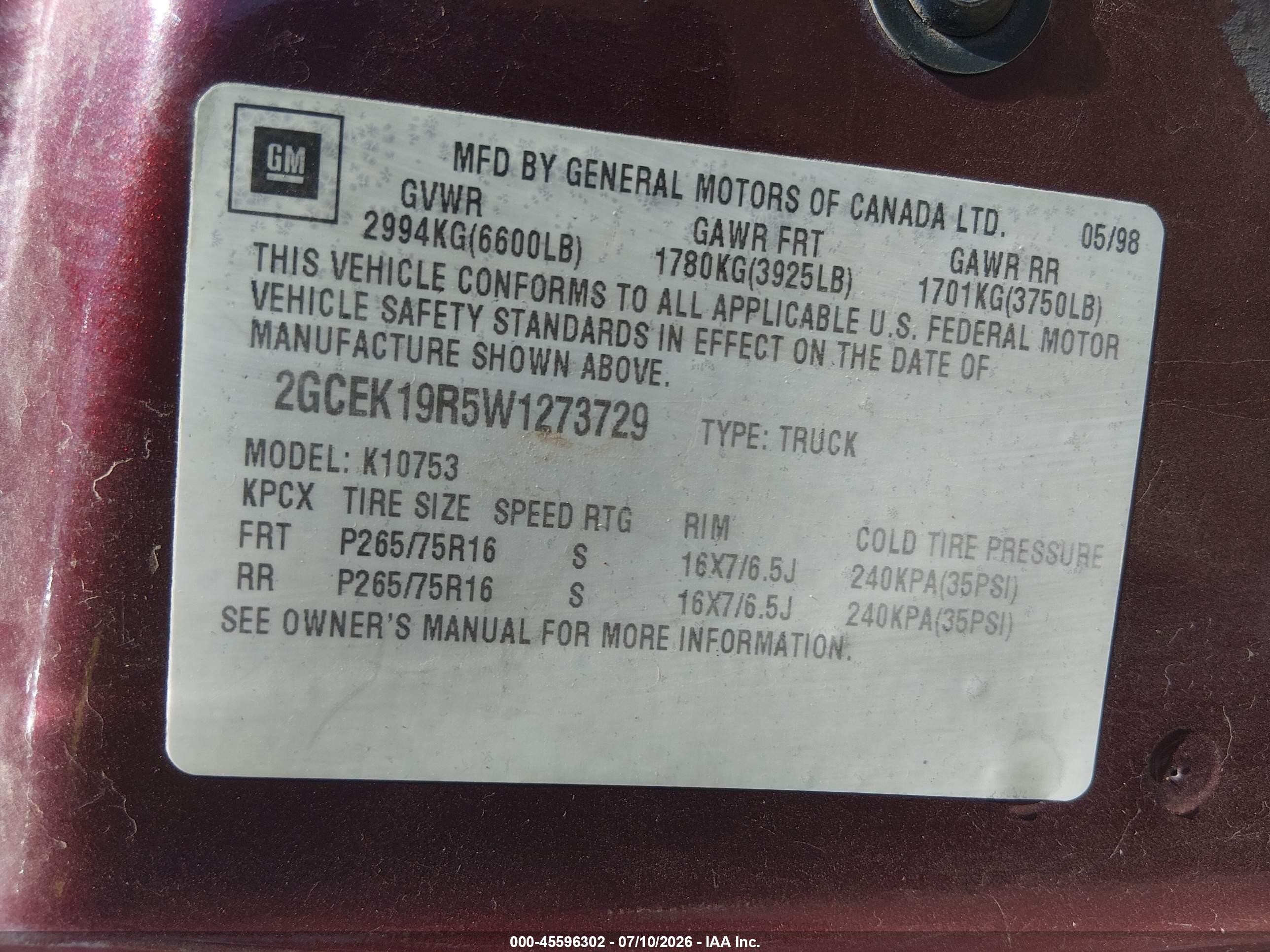 1998 Chevrolet C/k 1500 Fleetside Red vin: 2GCEK19R5W1273729