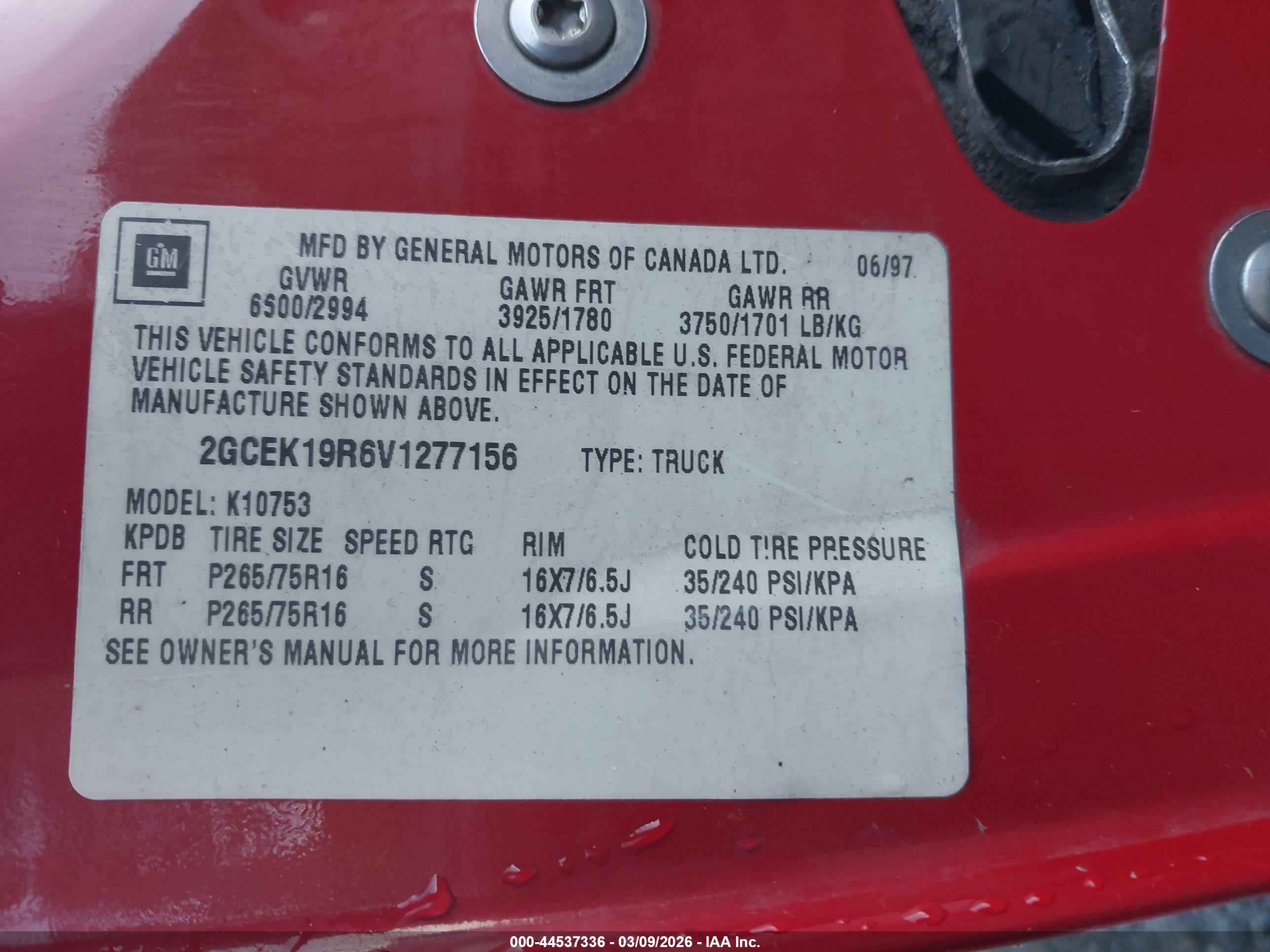 1997 Chevrolet K1500 Fleetside Красный vin: 2GCEK19R6V1277156