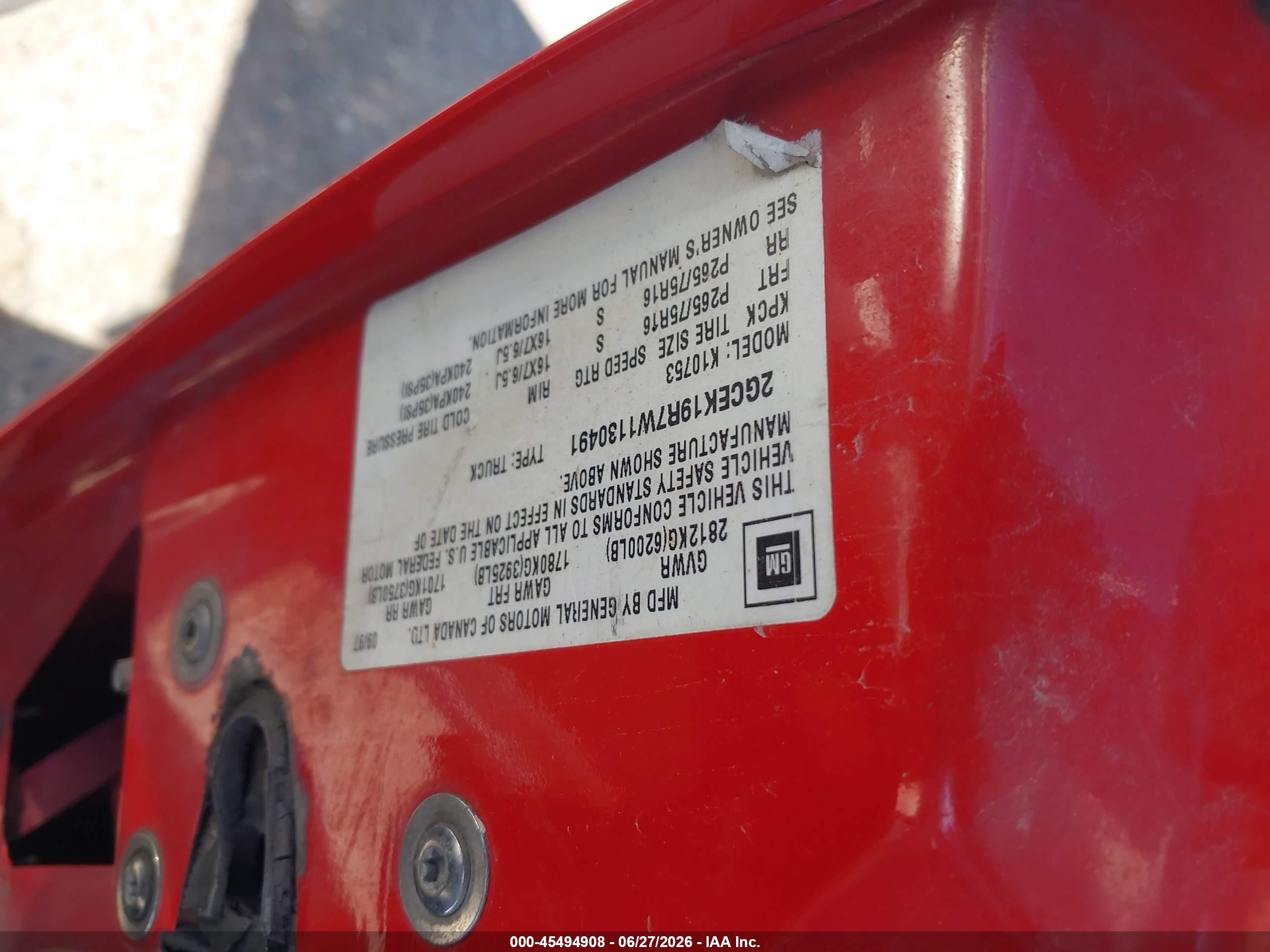 1998 Chevrolet C/k 1500 Fleetside Red vin: 2GCEK19R7W1130491