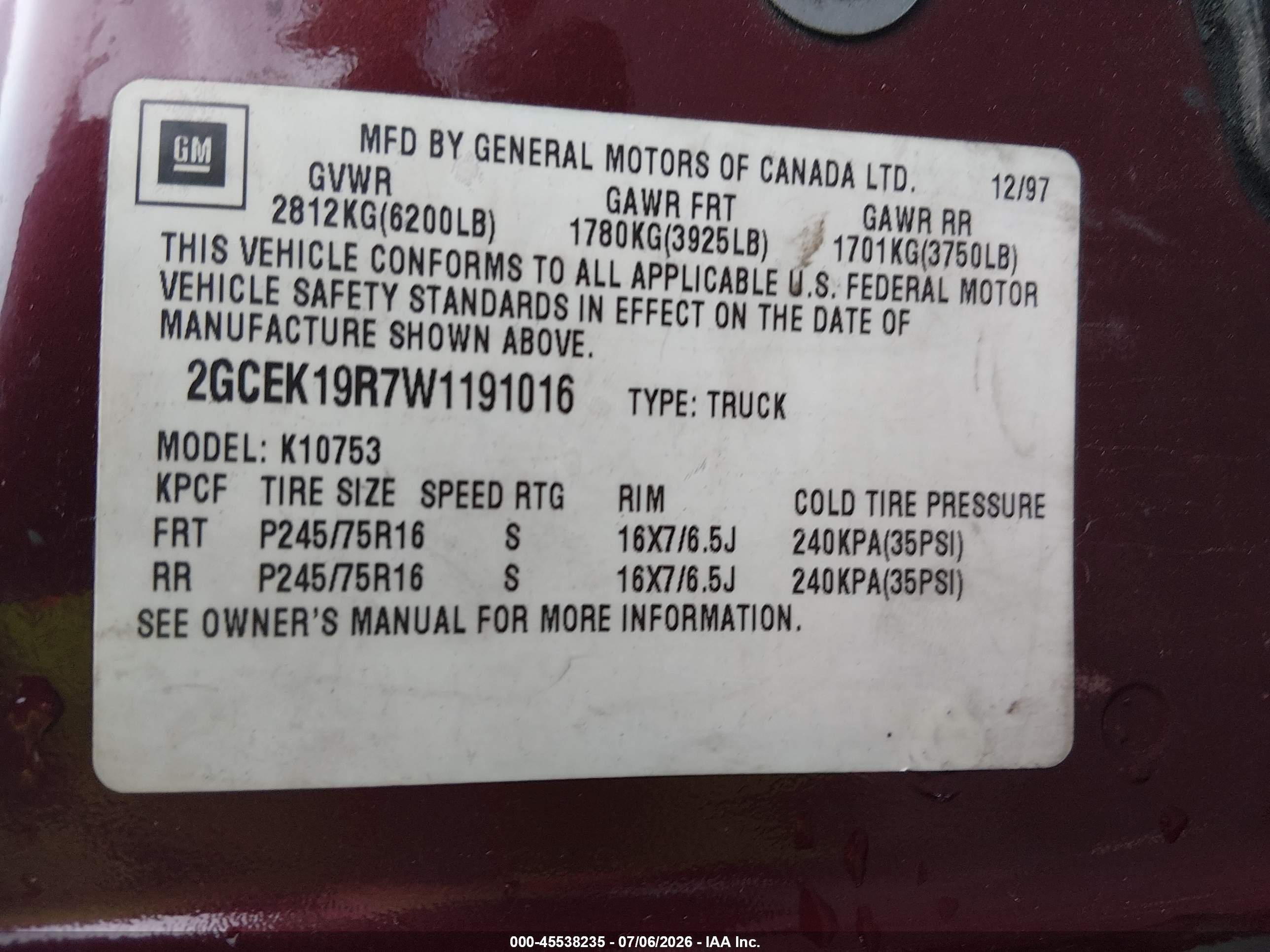 1998 Chevrolet C/k 1500 Fleetside Burgundy vin: 2GCEK19R7W1191016