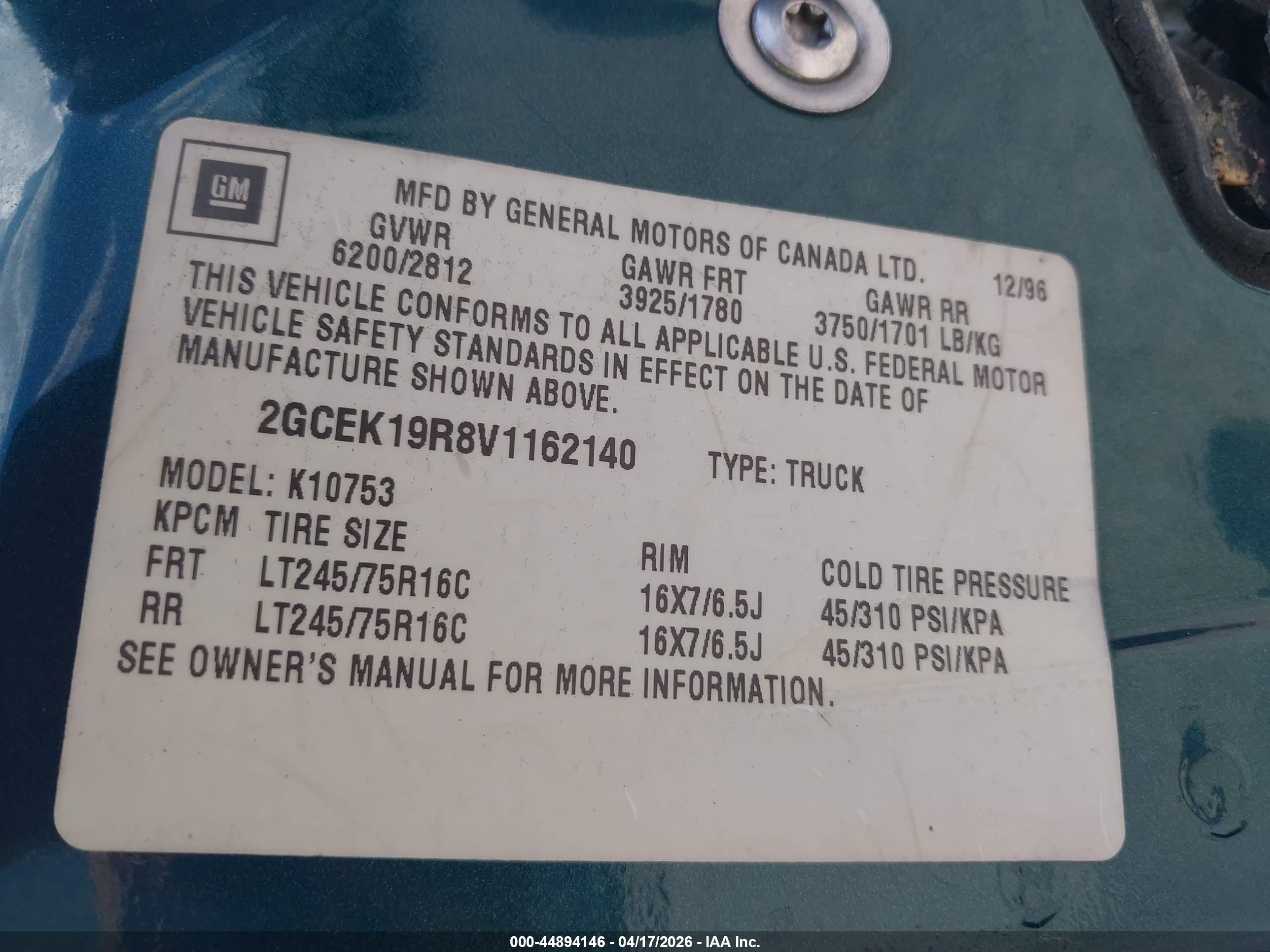 1997 Chevrolet K1500 Fleetside Зеленый vin: 2GCEK19R8V1162140