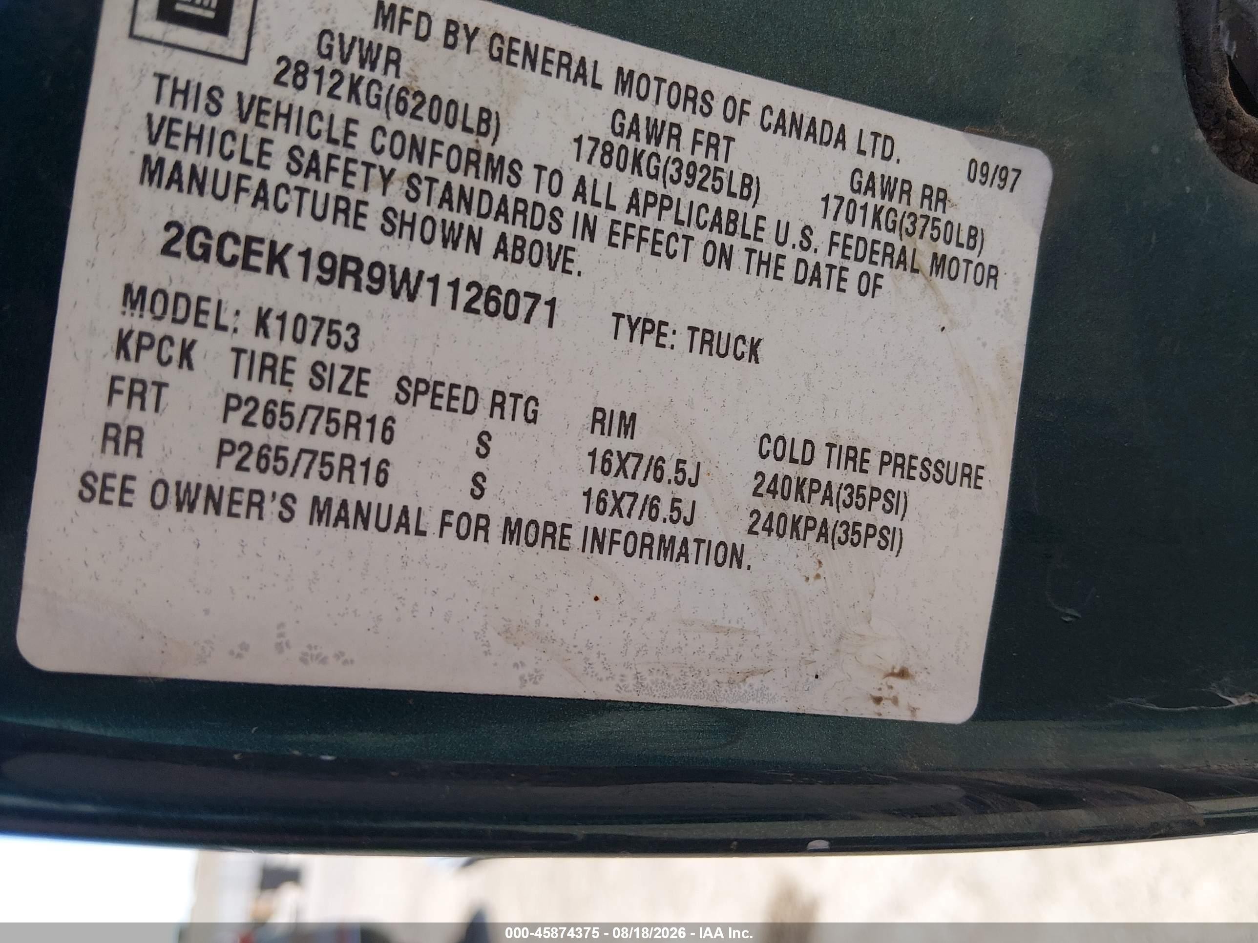 1998 Chevrolet C/k 1500 Fleetside Green vin: 2GCEK19R9W1126071