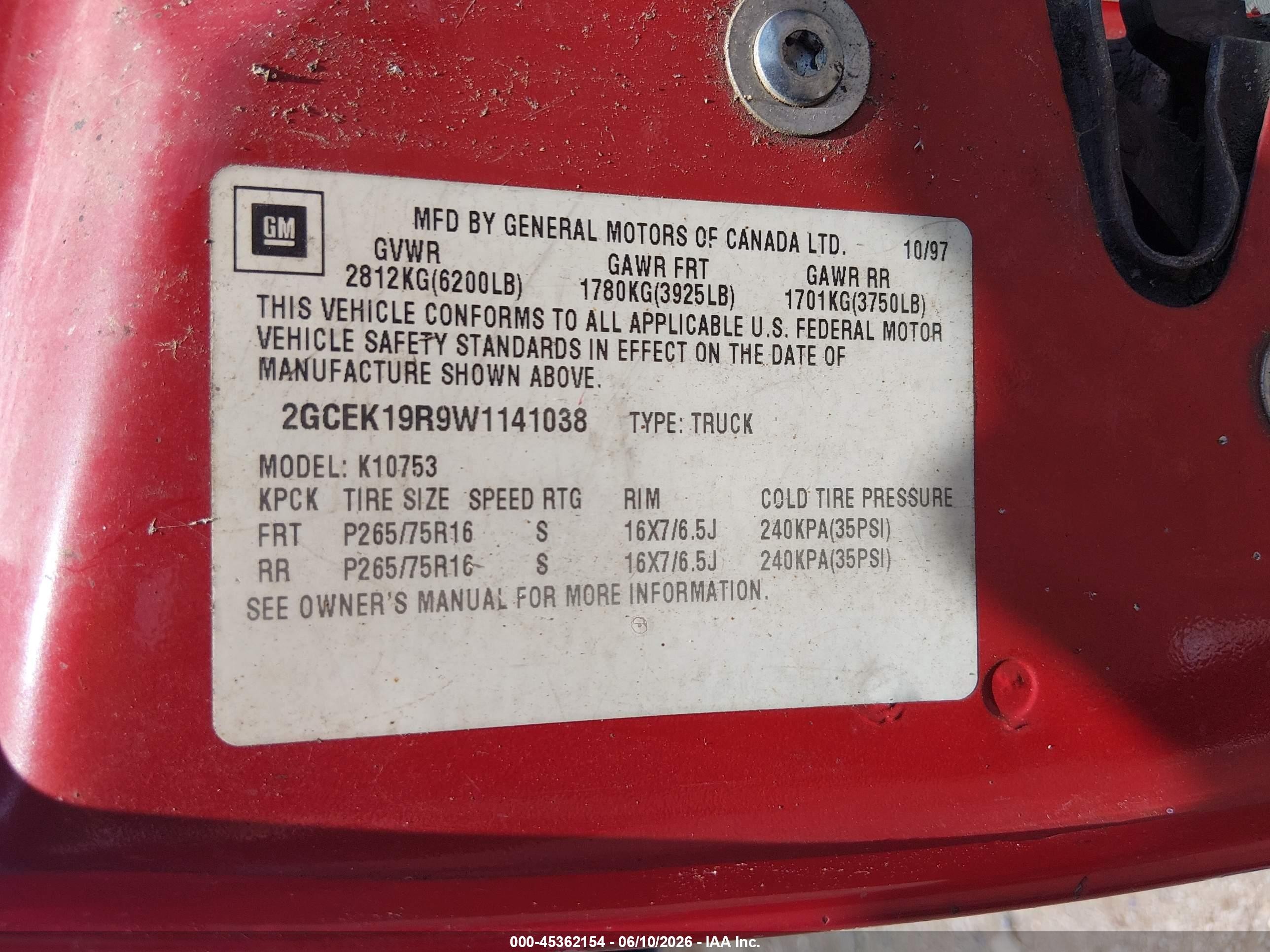 1998 Chevrolet C/k 1500 Fleetside Red vin: 2GCEK19R9W1141038
