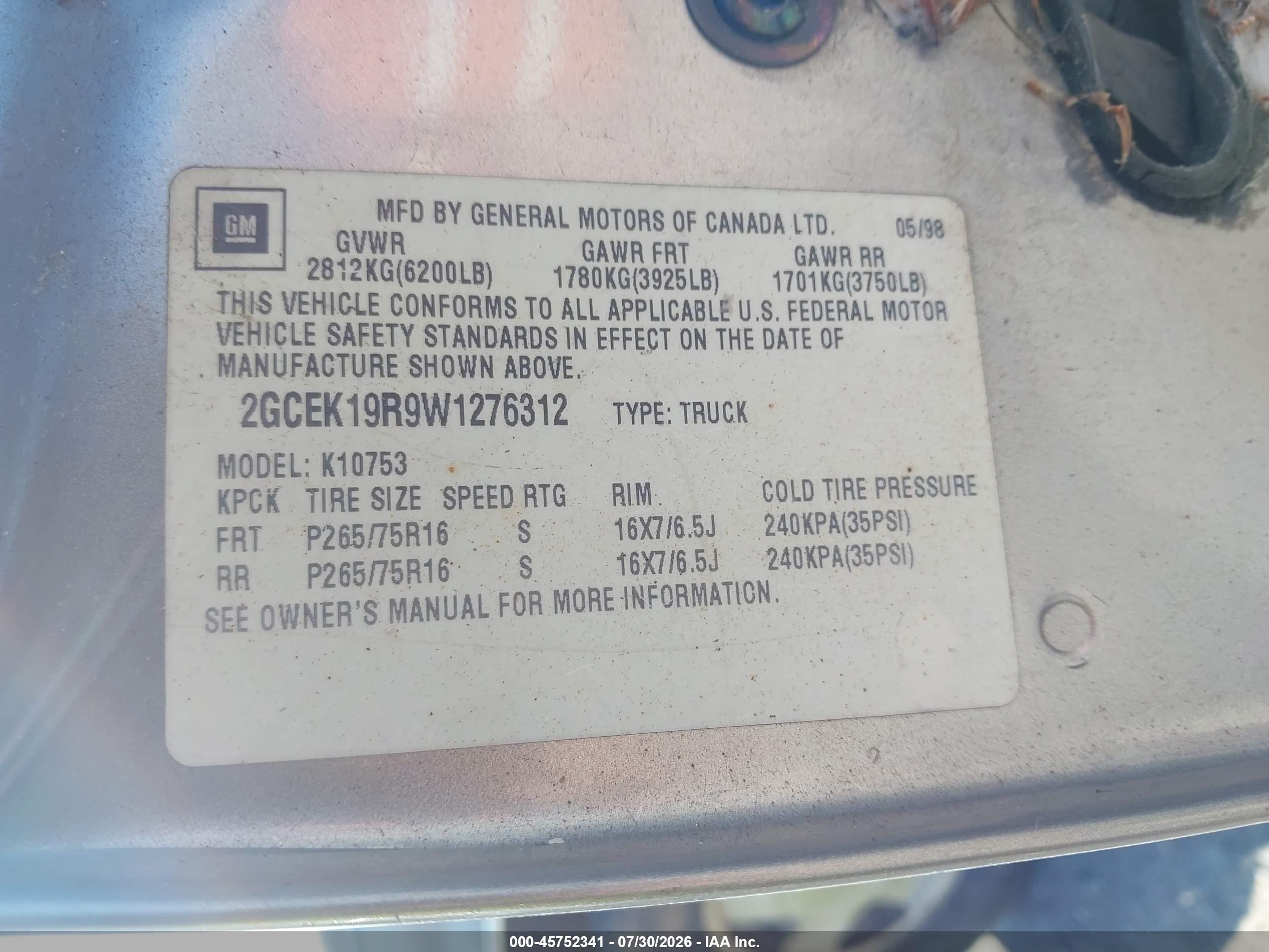 1998 Chevrolet C/k 1500 Fleetside Золотой vin: 2GCEK19R9W1276312