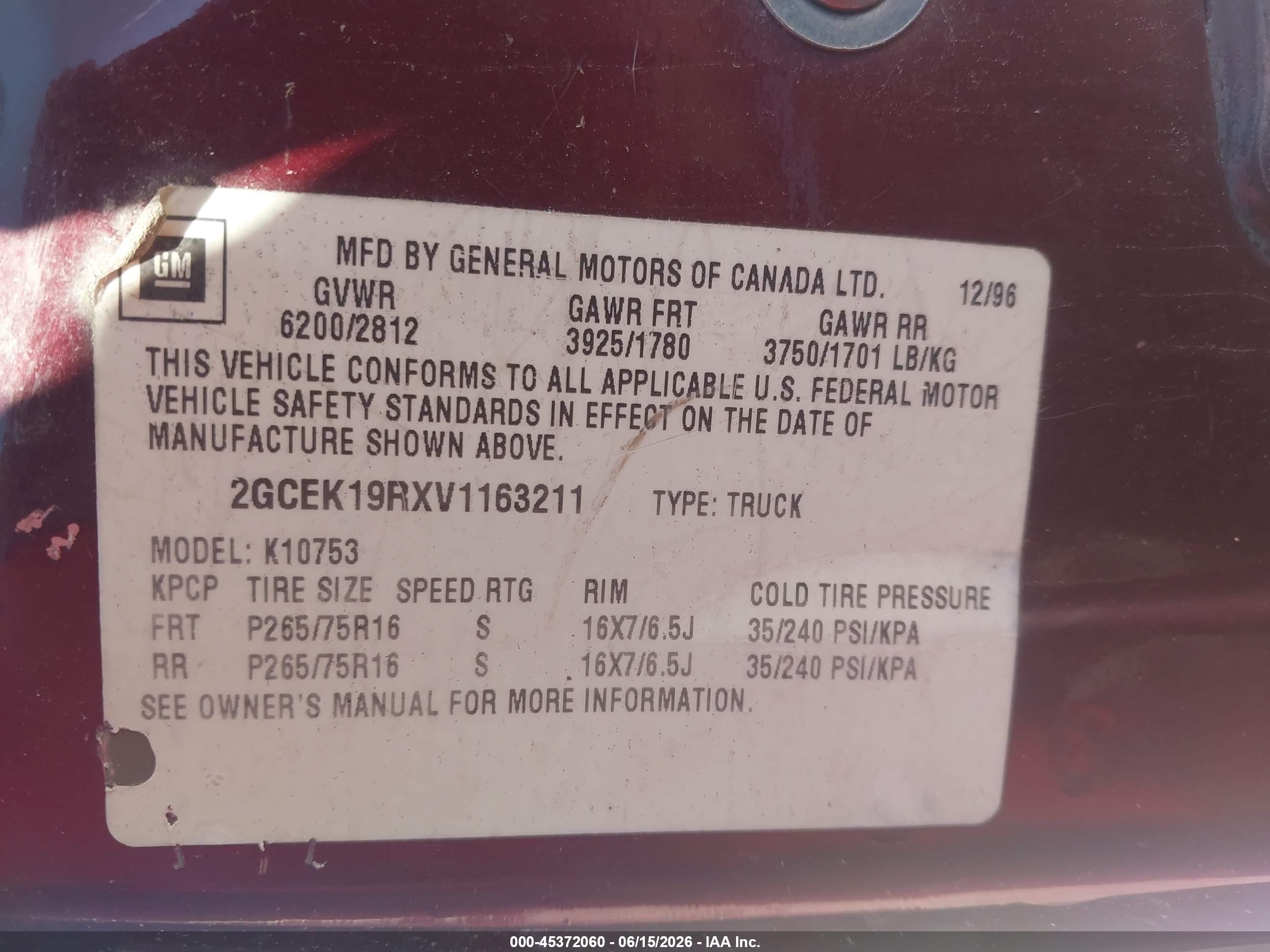 1997 Chevrolet K1500 Fleetside Red vin: 2GCEK19RXV1163211