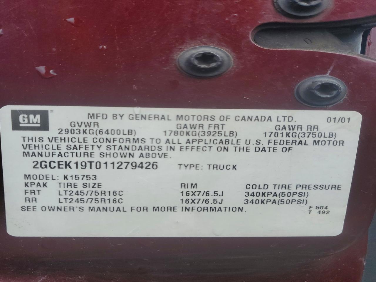 2001 Chevrolet Silverado K1500 Burgundy vin: 2GCEK19T011279426