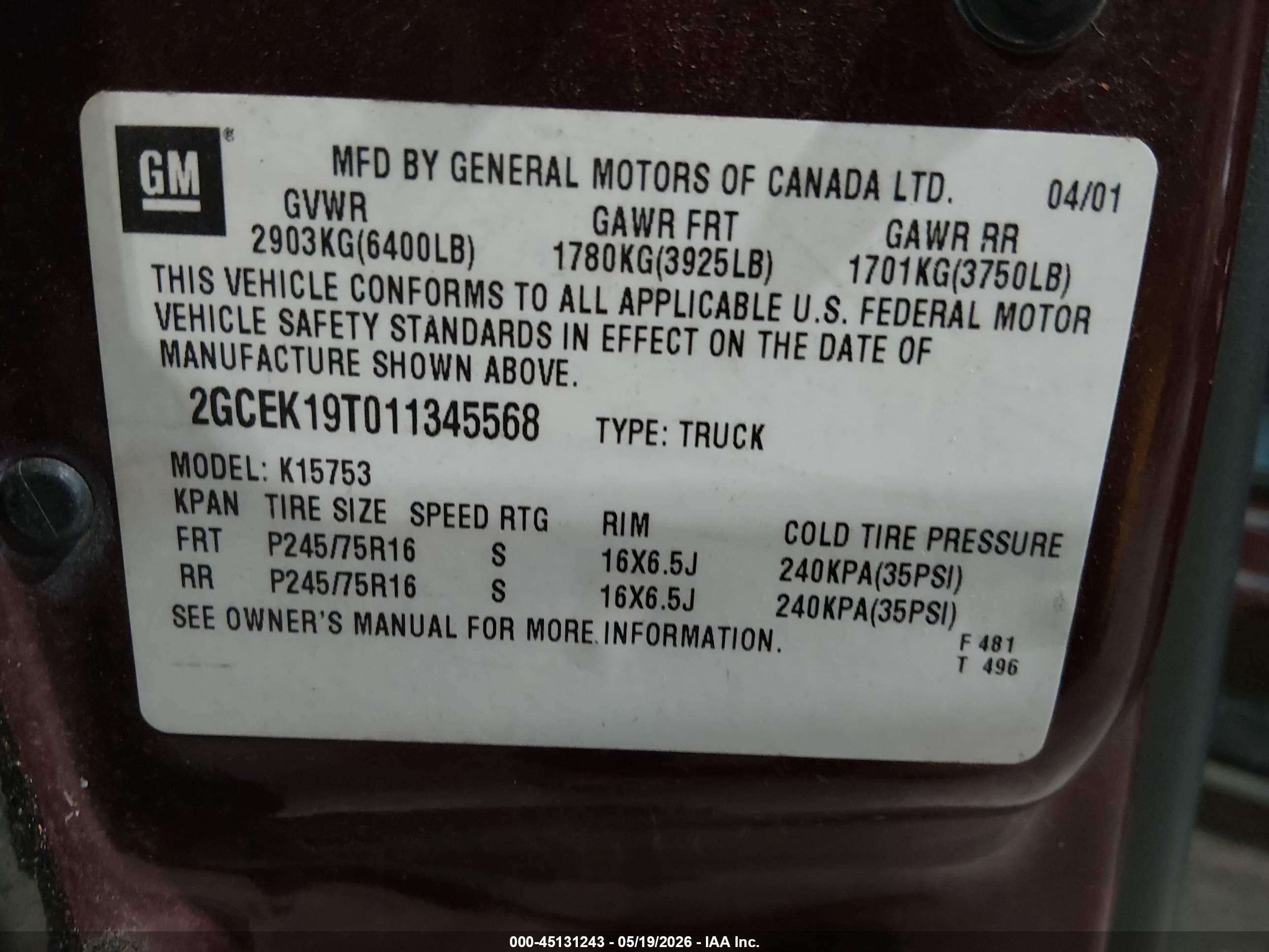 2001 Chevrolet Silverado 1500 Ls Burgundy vin: 2GCEK19T011345568