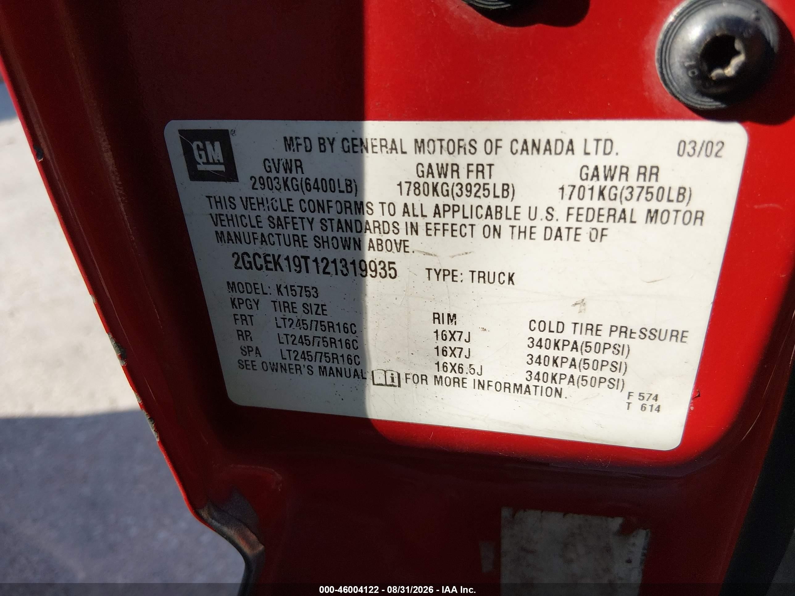2002 Chevrolet Silverado 1500 Ls Red vin: 2GCEK19T121319935