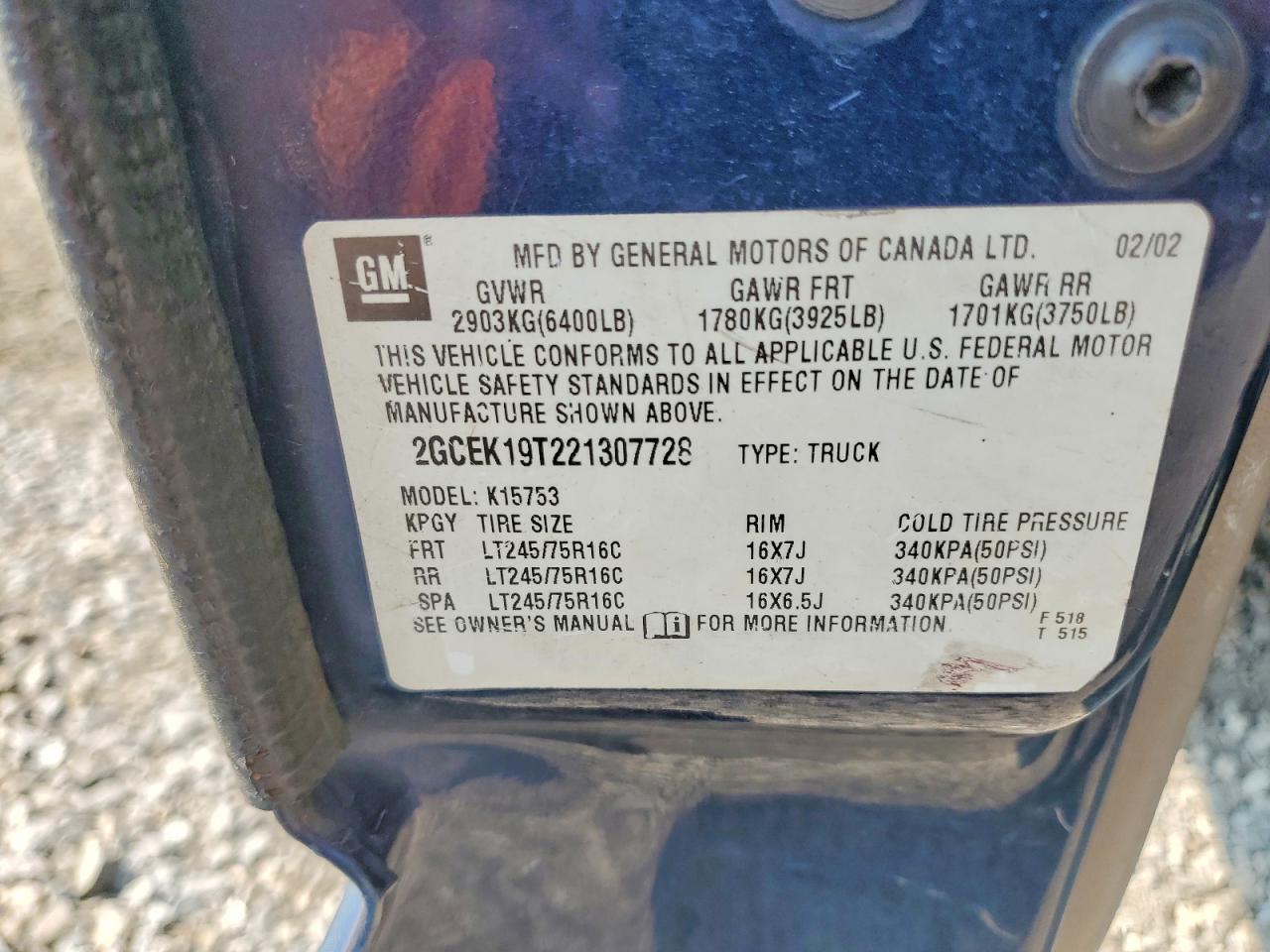 2002 Chevrolet Silverado K1500 Blue vin: 2GCEK19T221307728