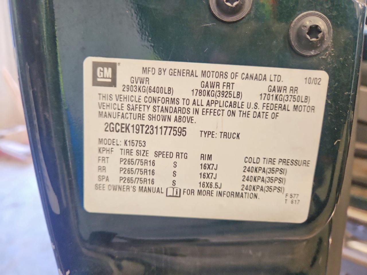 2003 Chevrolet Silverado K1500 Green vin: 2GCEK19T231177595
