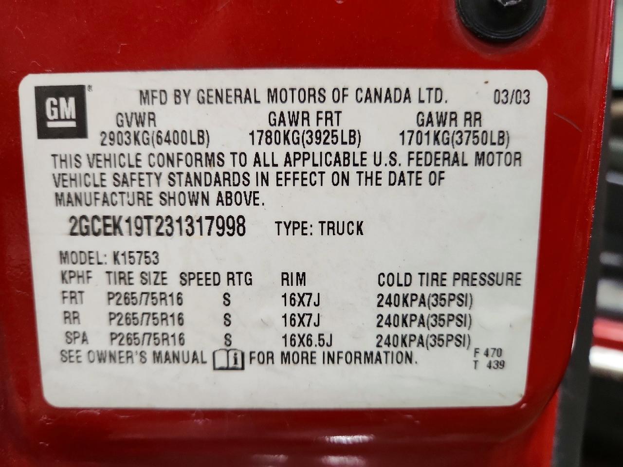 2003 Chevrolet Silverado K1500 Red vin: 2GCEK19T231317998