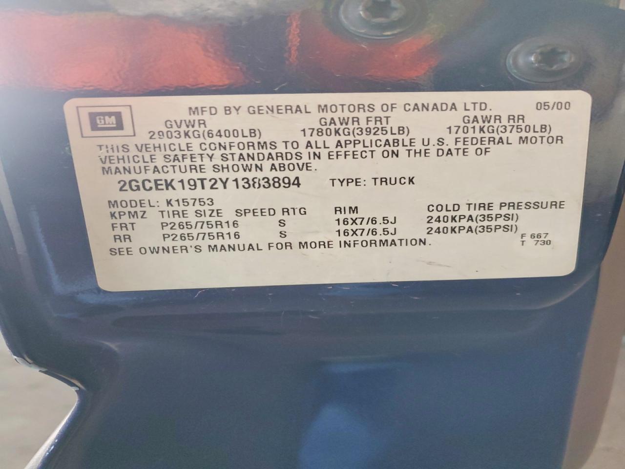 2000 Chevrolet Silverado K1500 Blue vin: 2GCEK19T2Y1383894